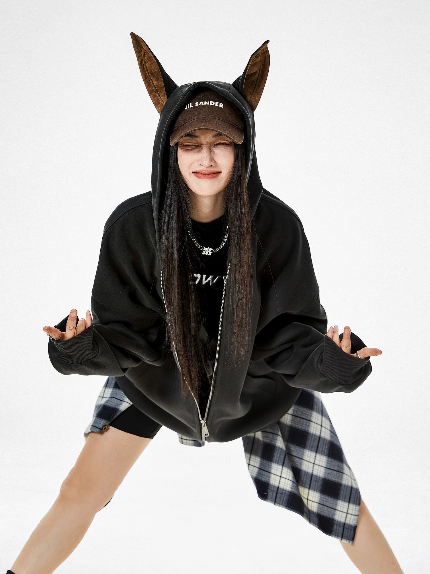 ICH MODE 美式复古杜宾犬连帽开衫外套女秋百搭休闲上衣宽松卫衣