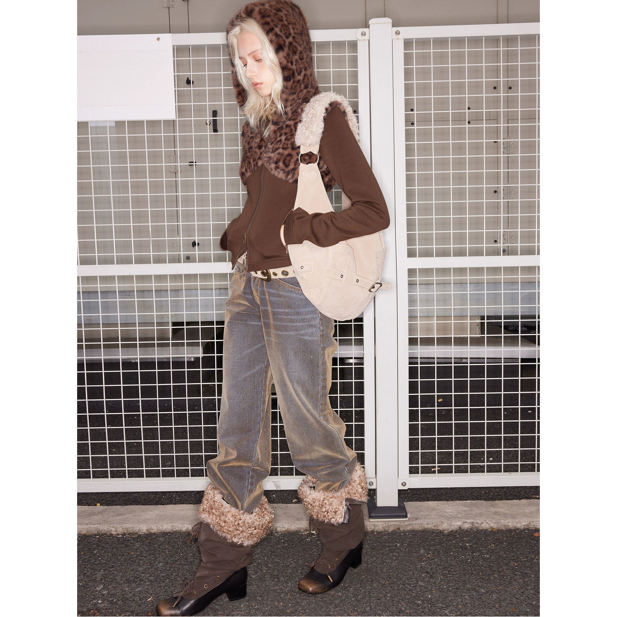 2th Desire可拆卸翻领毛毛擦色麂皮方头鞋时装靴子绑带长筒堆堆靴