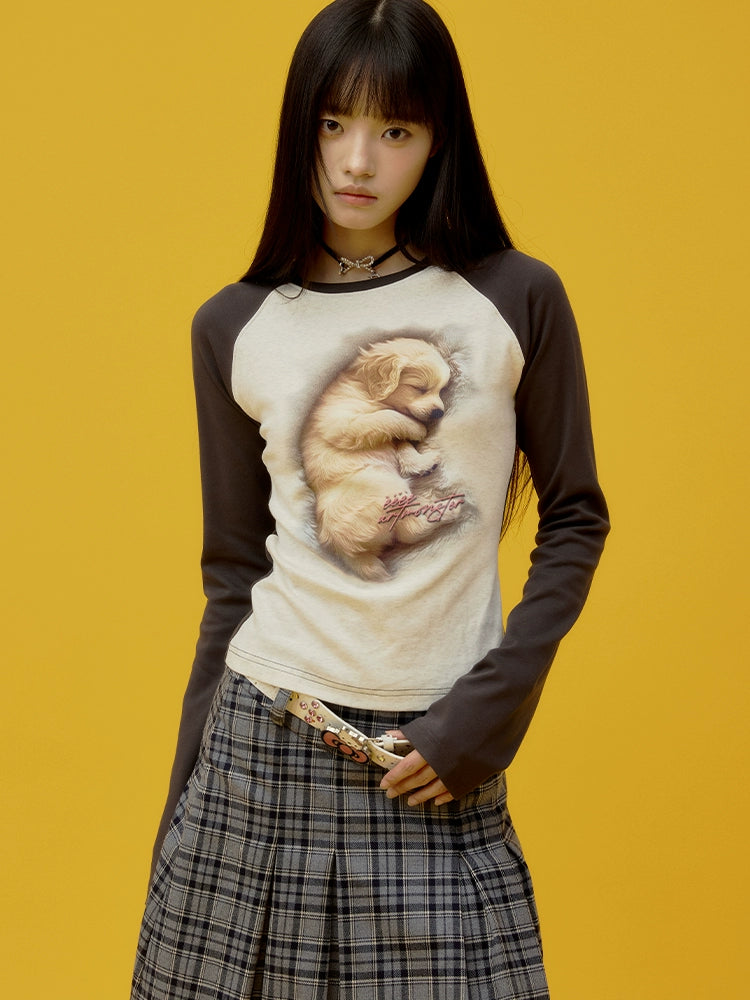 “瞌睡小狗”| eeee温柔风3D打印长袖T恤少女感修身插肩袖打底衫