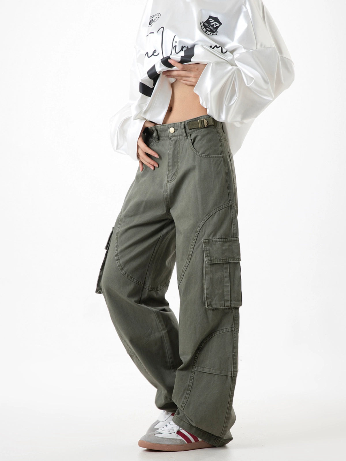 ICH MODE 美式复古口袋工装裤女宽松直筒阔腿运动休闲裤2025新款