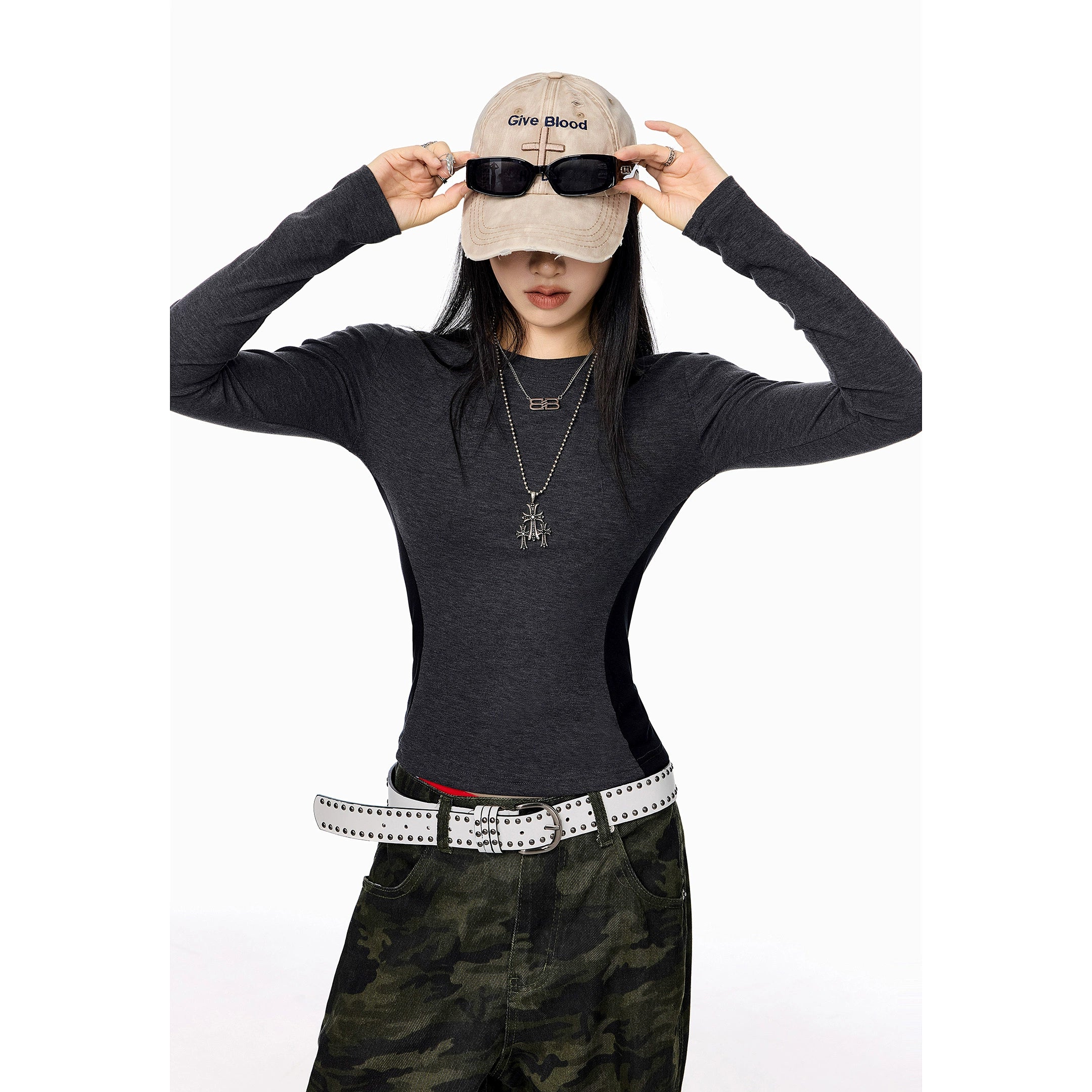 ICH MODE 美式复古撞色长袖T恤女秋冬修身内搭打底衫圆领正肩上衣