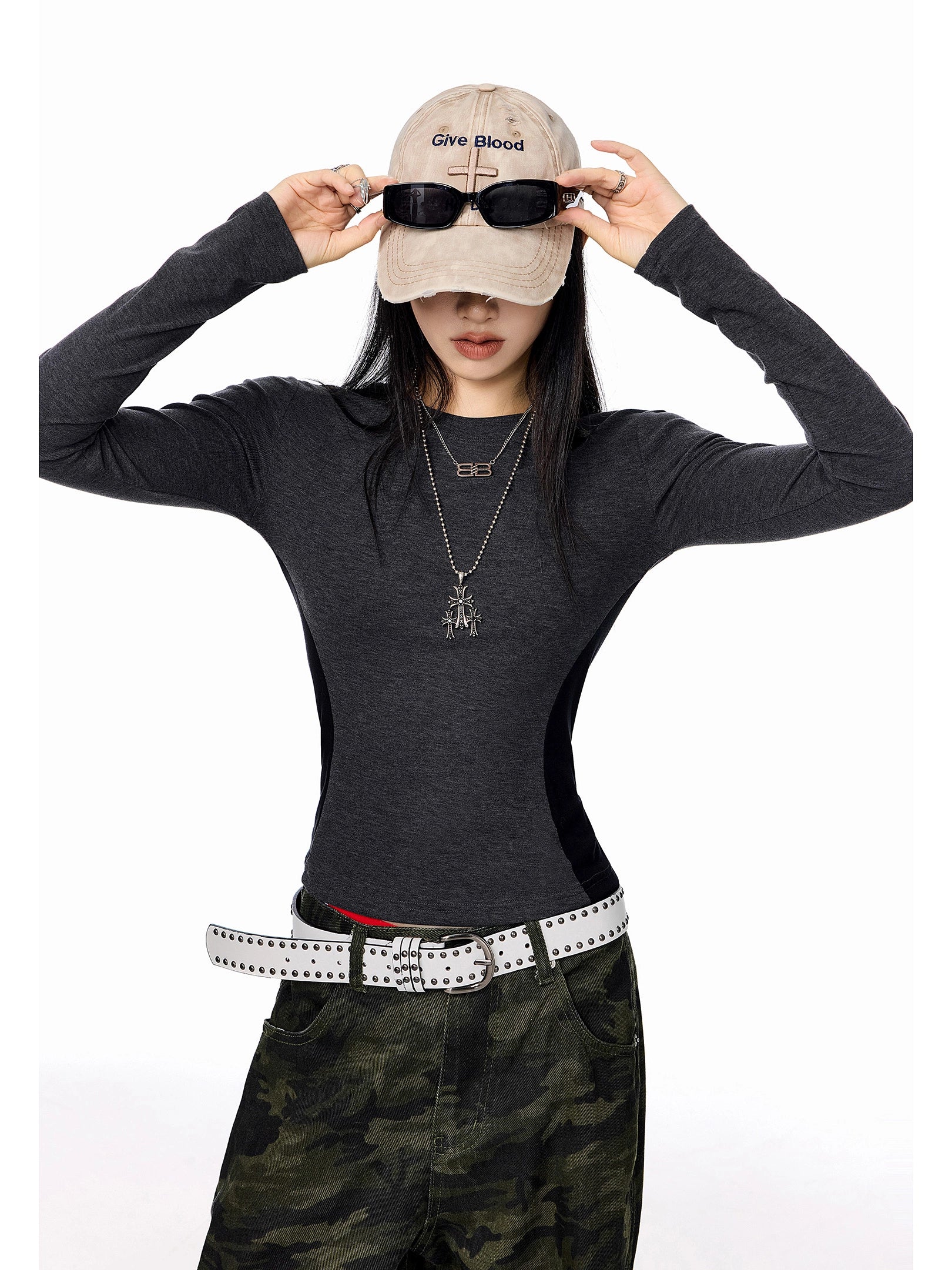 ICH MODE 美式复古撞色长袖T恤女秋冬修身内搭打底衫圆领正肩上衣