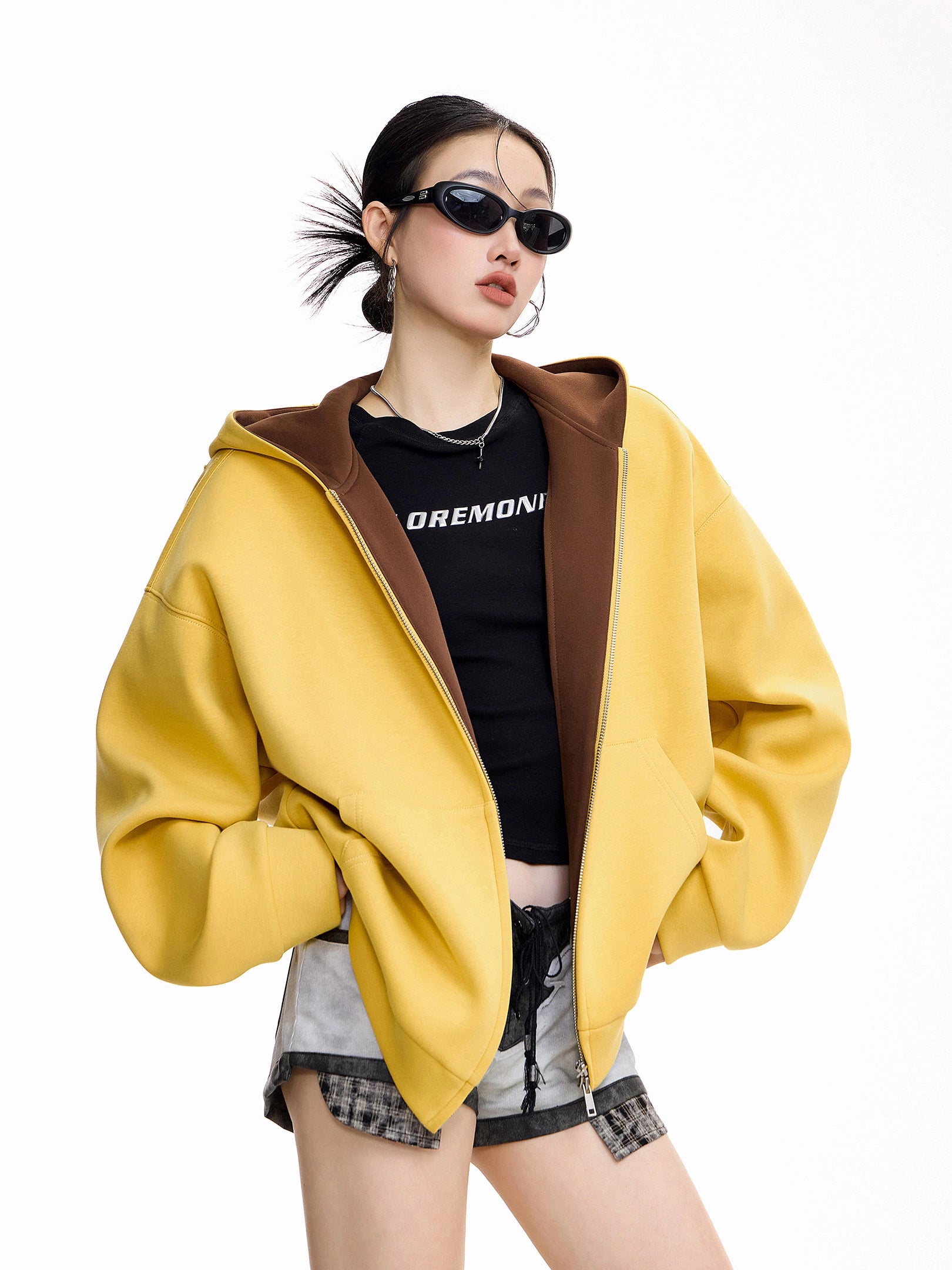 ICH MODE 美式复古开衫卫衣外套女2025新款秋冬宽松撞色连帽上衣