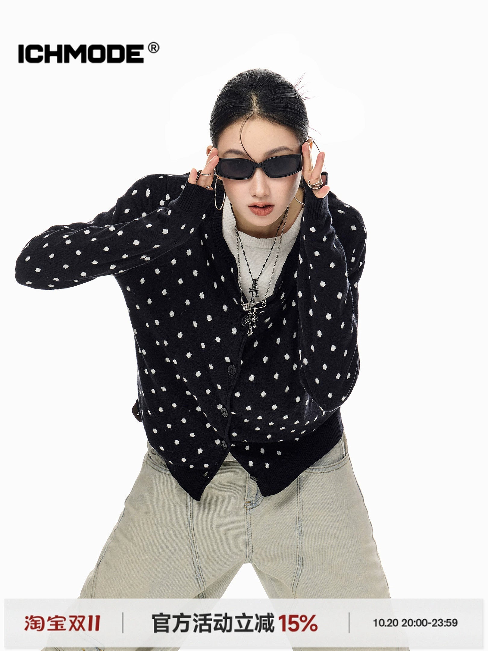 ICH MODE 美式复古修身波点针织开衫女2025新款秋冬慵懒毛衣外套