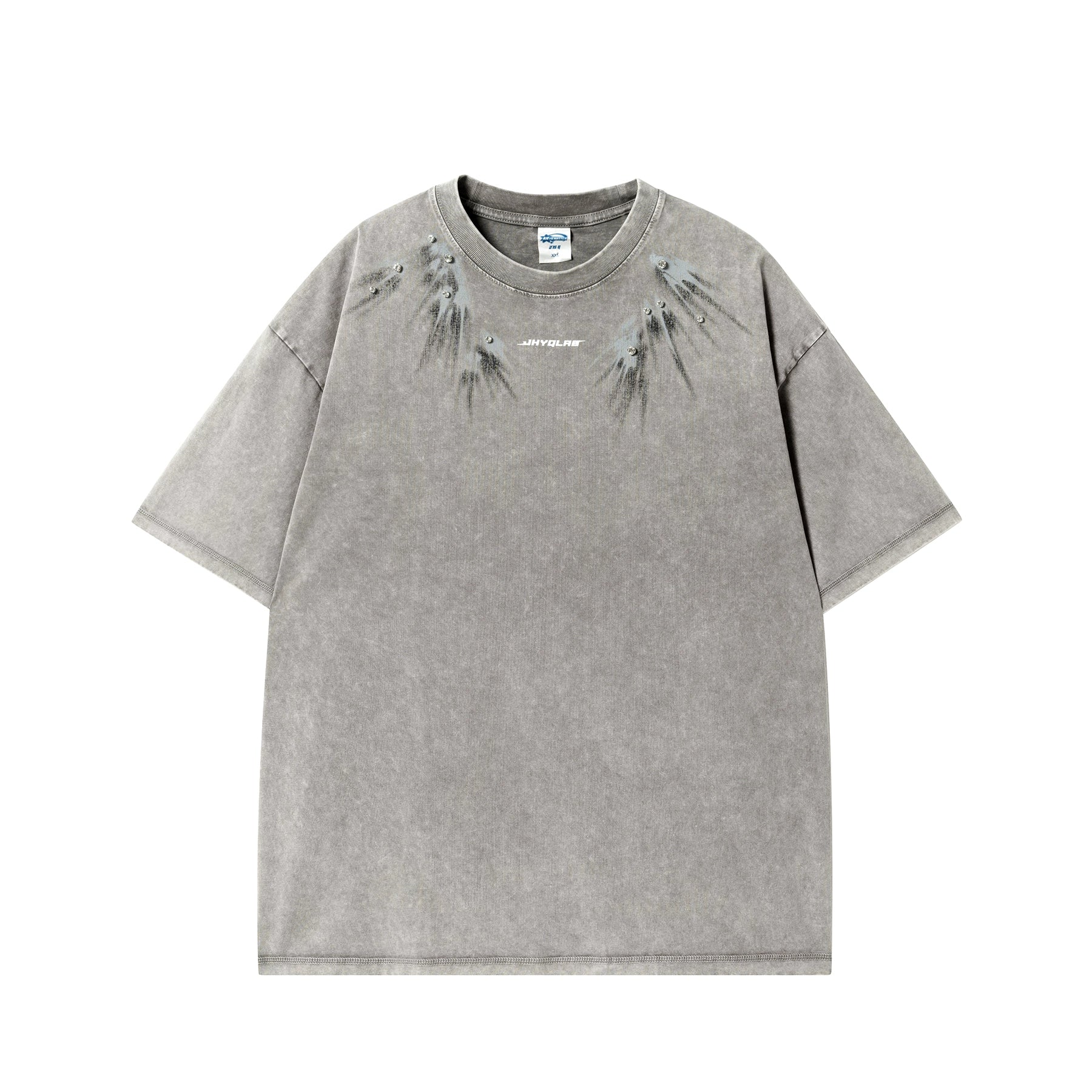 【燕尾】JHYQ美式水洗做旧印花镶钻短袖T恤男宽松重磅圆领上衣夏