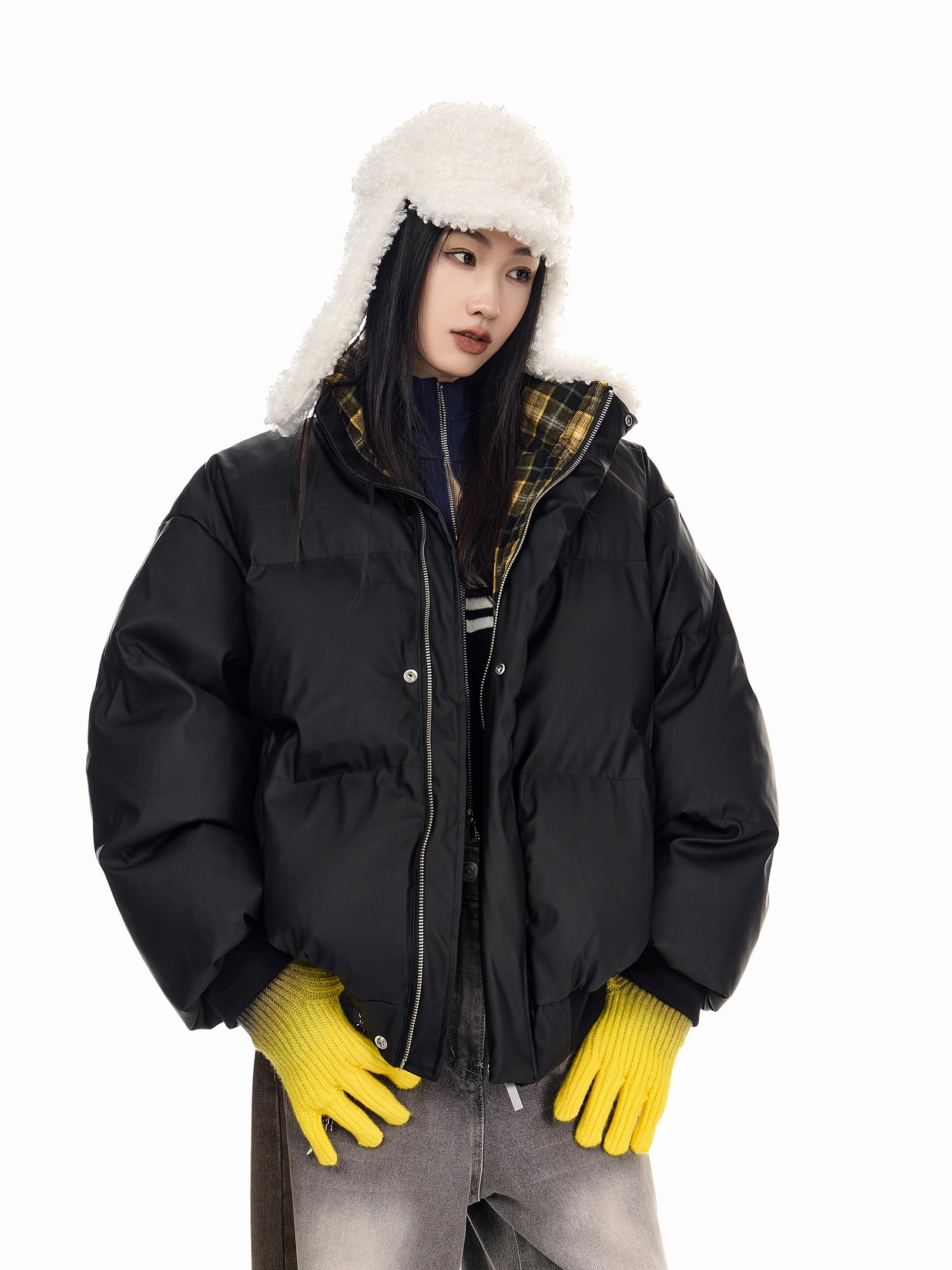 ICH MODE 美式复古格子拼接棉服女秋冬季保暖防寒面包服棉衣外套