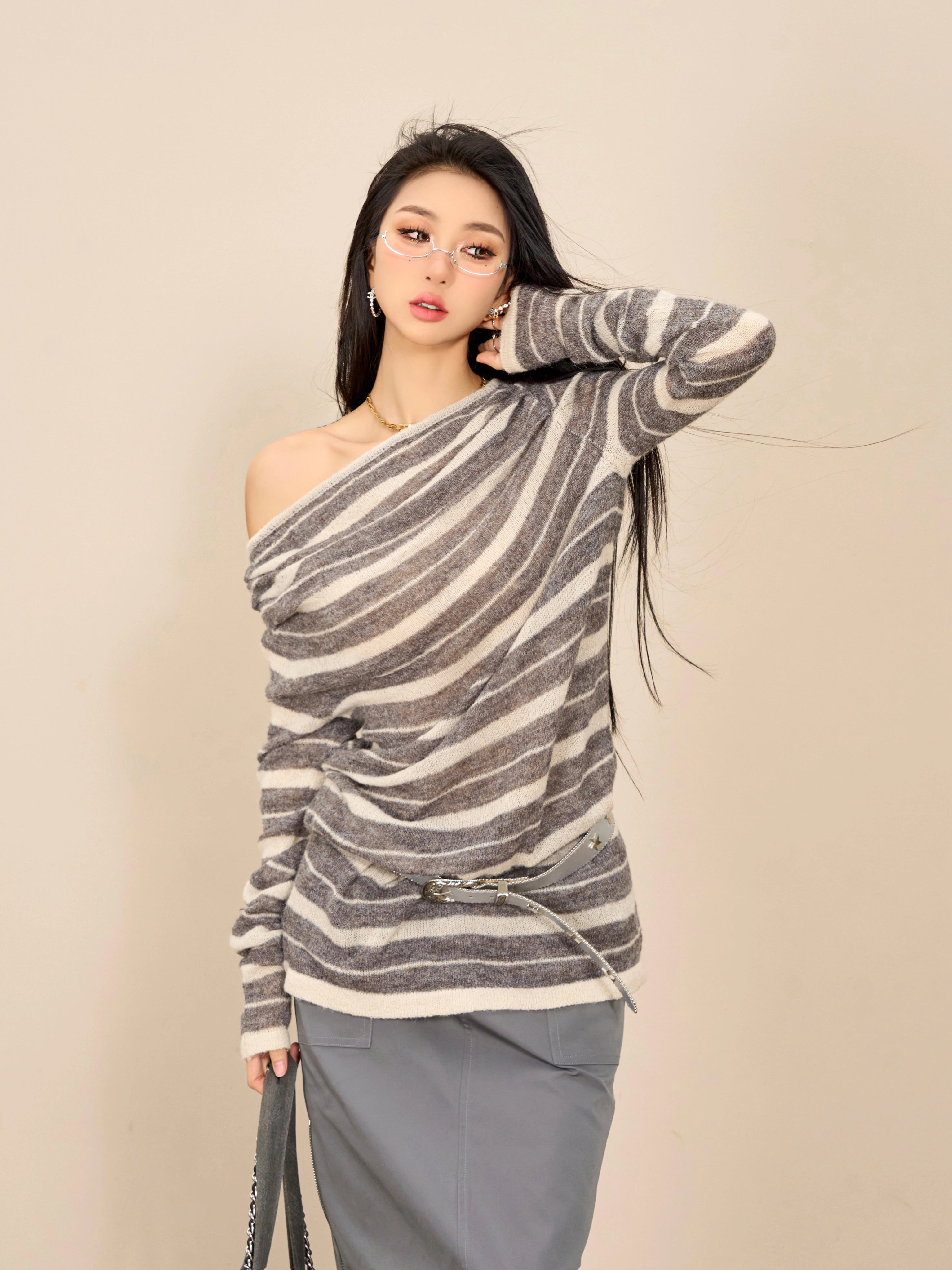 野生zerocircle条纹长袖针织衫女春季韩版宽松显瘦中长款荡领上衣