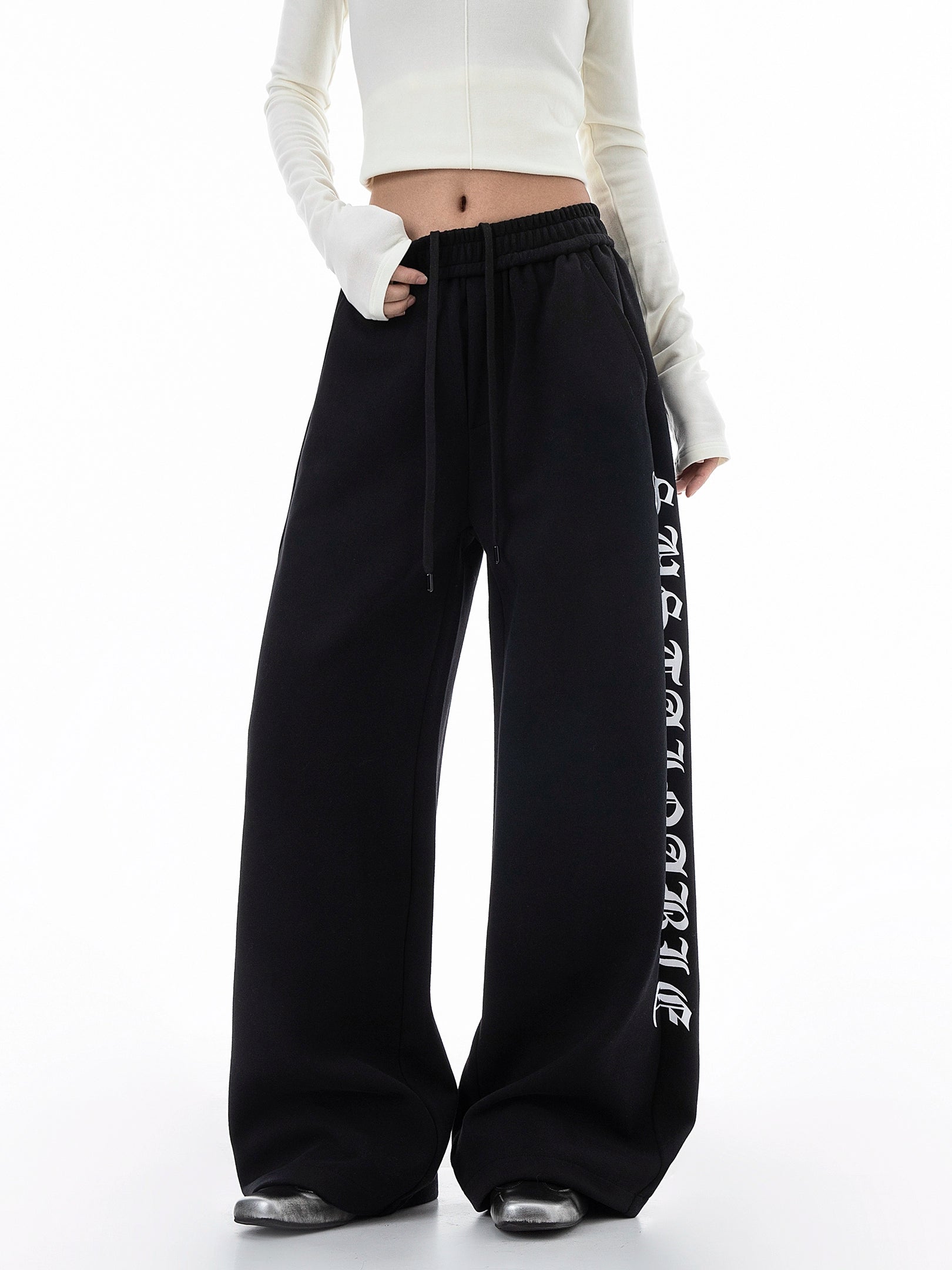 ICH MODE 美式复古印花休闲裤女宽松直筒裤子百搭阔腿运动裤卫裤