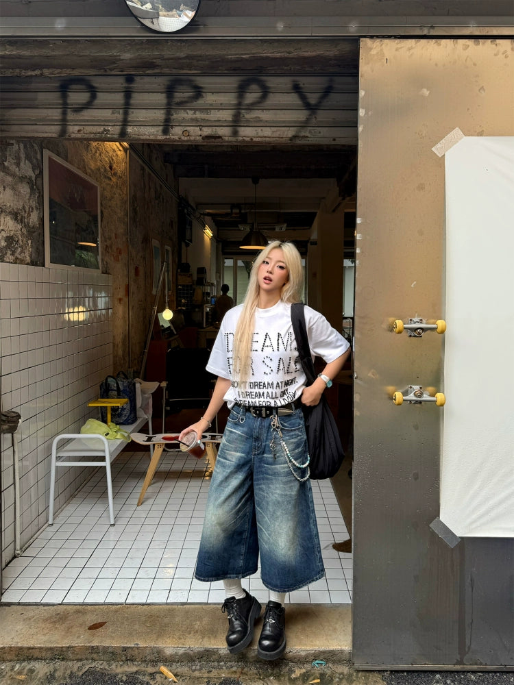 邓为明星同款宽松廓形水洗复古做旧七分牛仔短裤TERRAINCOGNITA