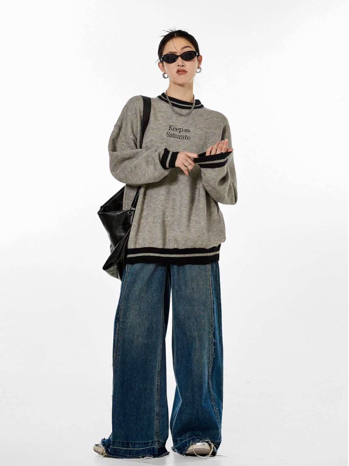 ICH MODE 美式复古圆领毛衣秋冬女宽松针织衫外套慵懒风2025新款