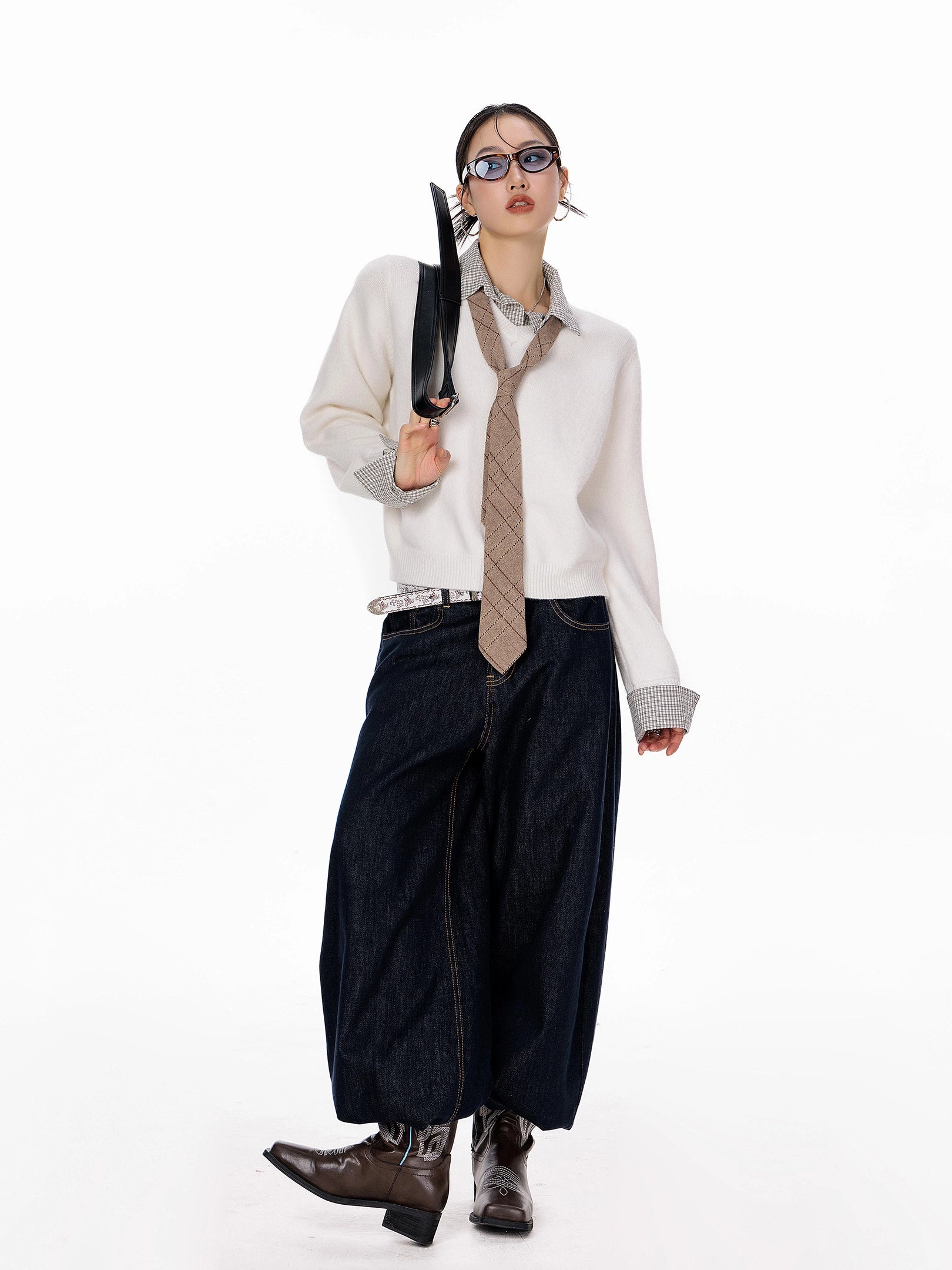 ICH MODE 美式复古假两件格子拼接毛衣女秋冬季毛针织衫POLO上衣