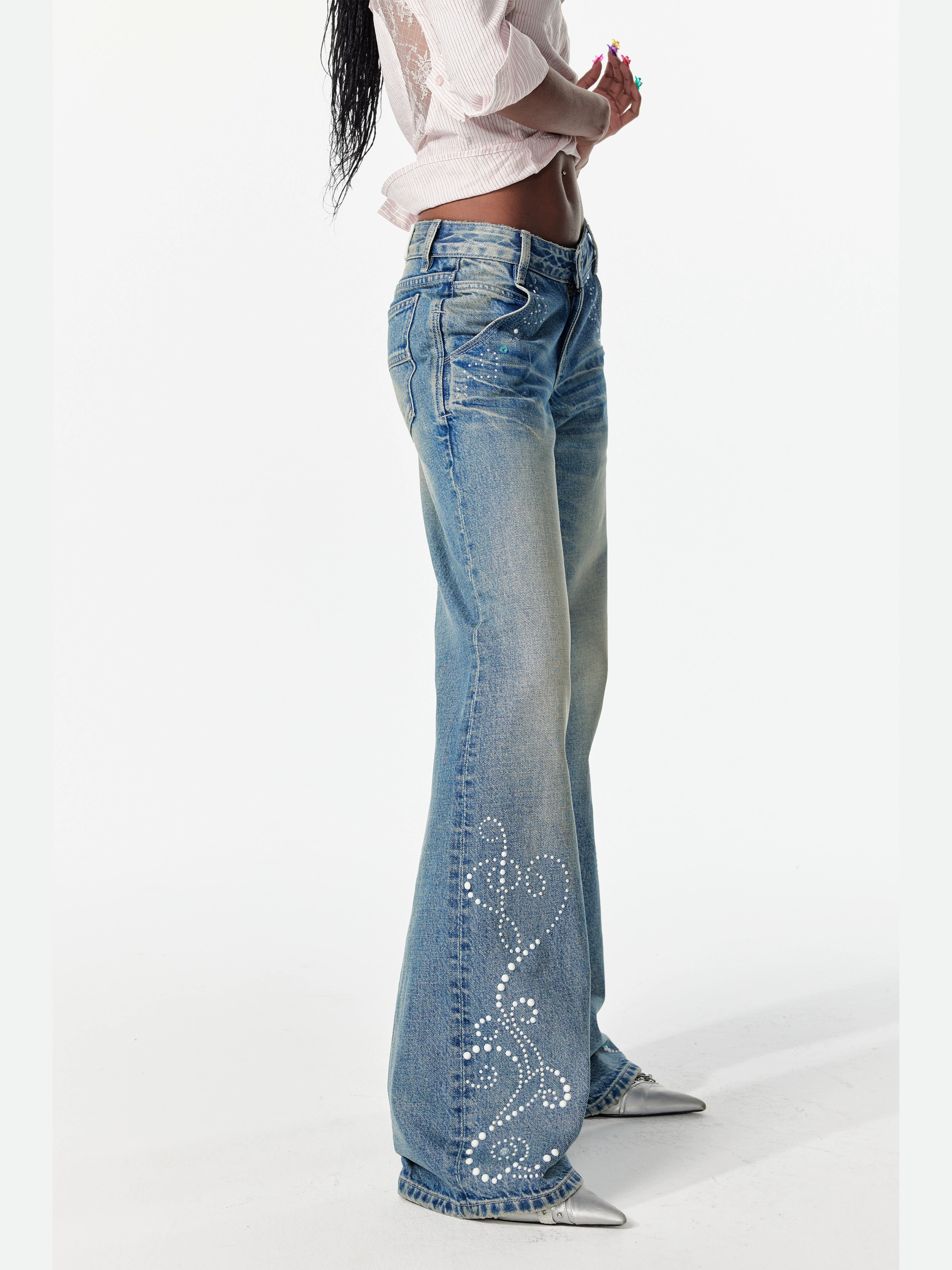 2th Desire美式复古重酵洗星落爱心烫钻低腰微喇浅色直筒牛仔裤女