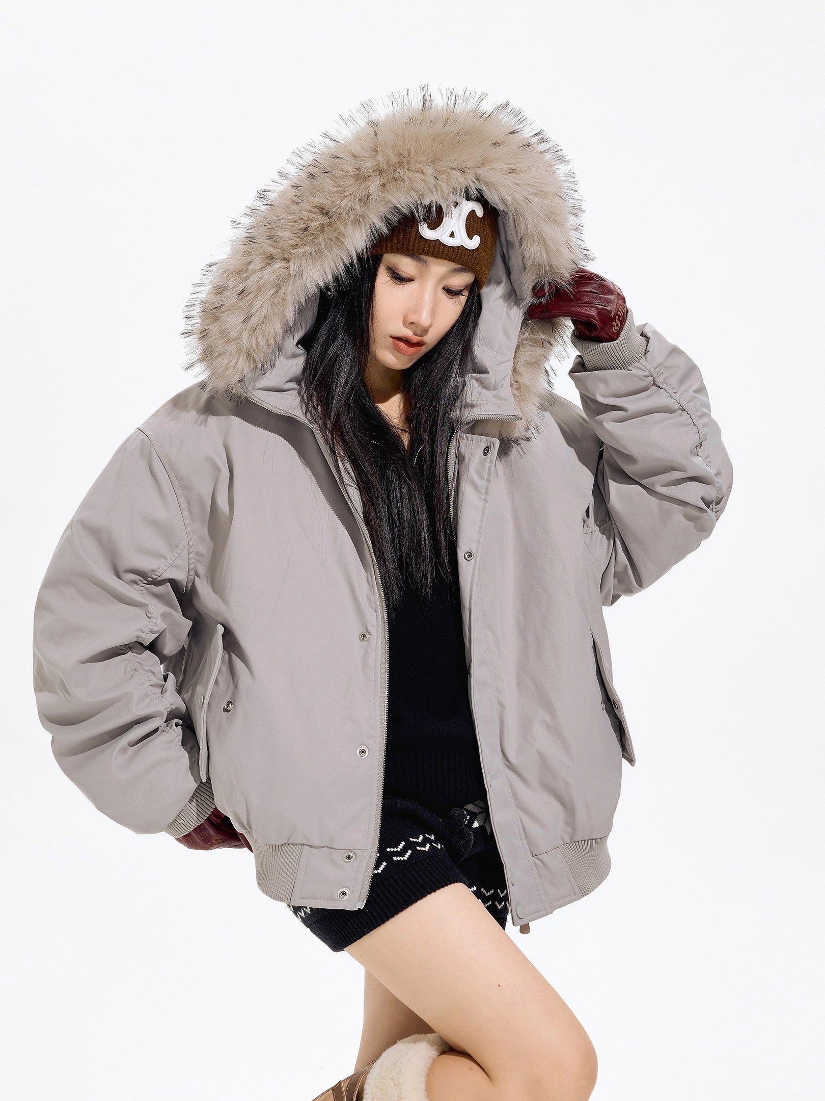 ICH MODE 美式复古毛领加厚棉服女秋冬季宽松保暖派克服棉衣外套