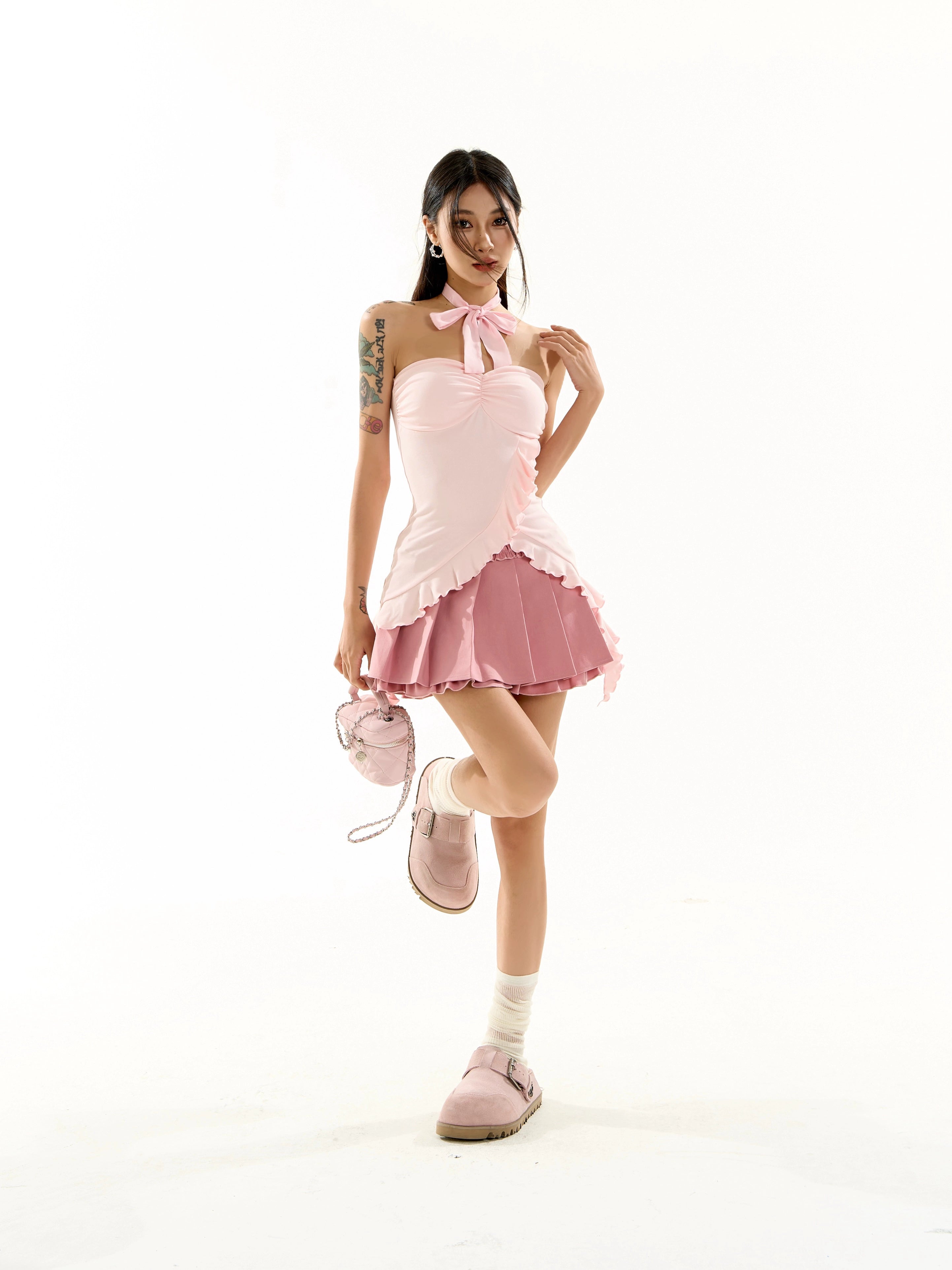 野生zero黑色抹胸女夏外穿辣妹修身显瘦荷叶边无袖短款带胸垫上衣