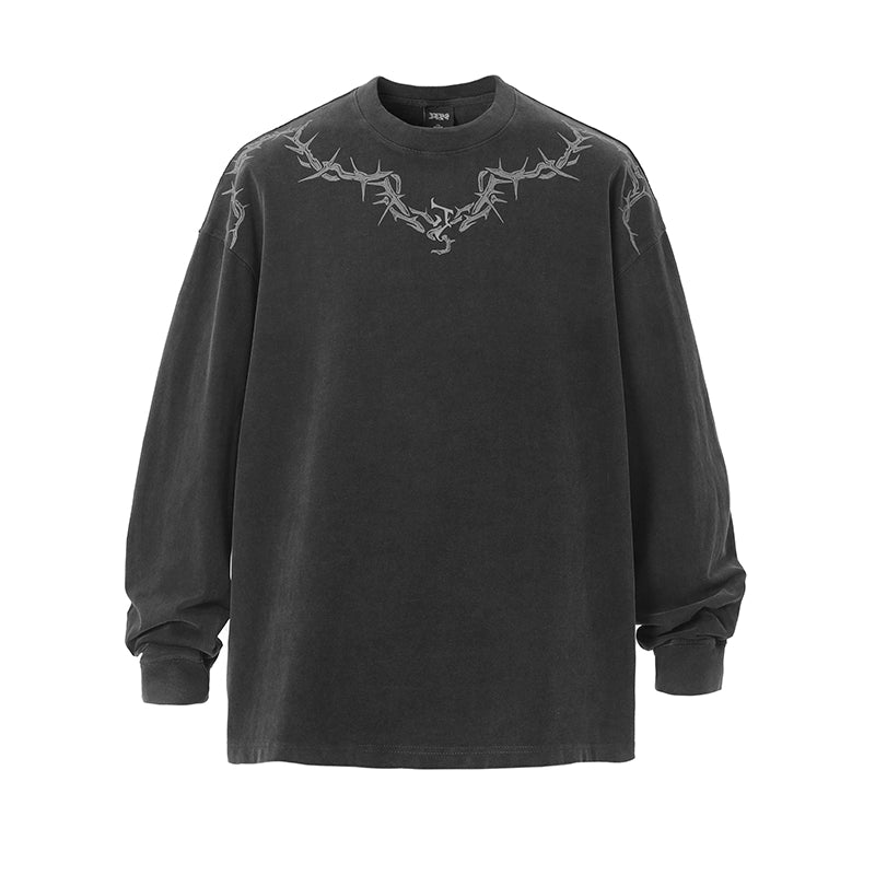 【邓为同款】JHYQ荆棘印花重磅320g水洗美式长袖t恤男宽松卫衣男
