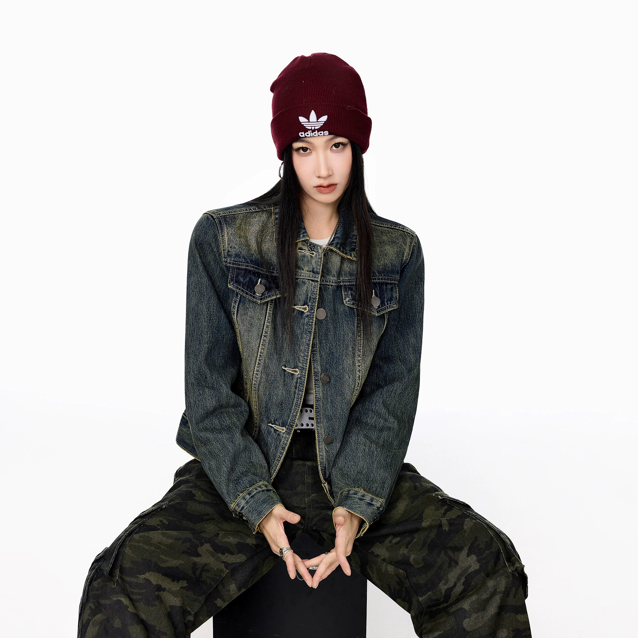 ICH MODE 美式复古做旧牛仔外套女秋冬2025新款短款开衫夹克上衣