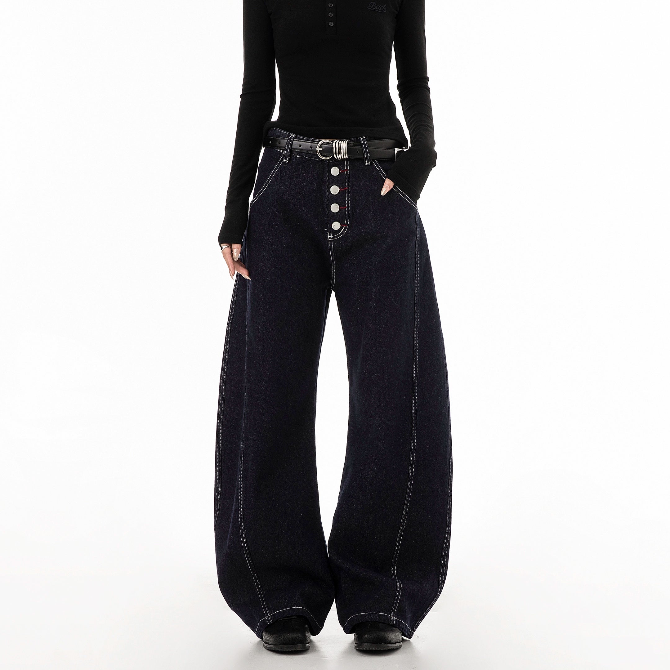 ICH MODE 美式复古弯刀牛仔裤女夏季廊形阔腿裤休闲裤宽松直筒裤