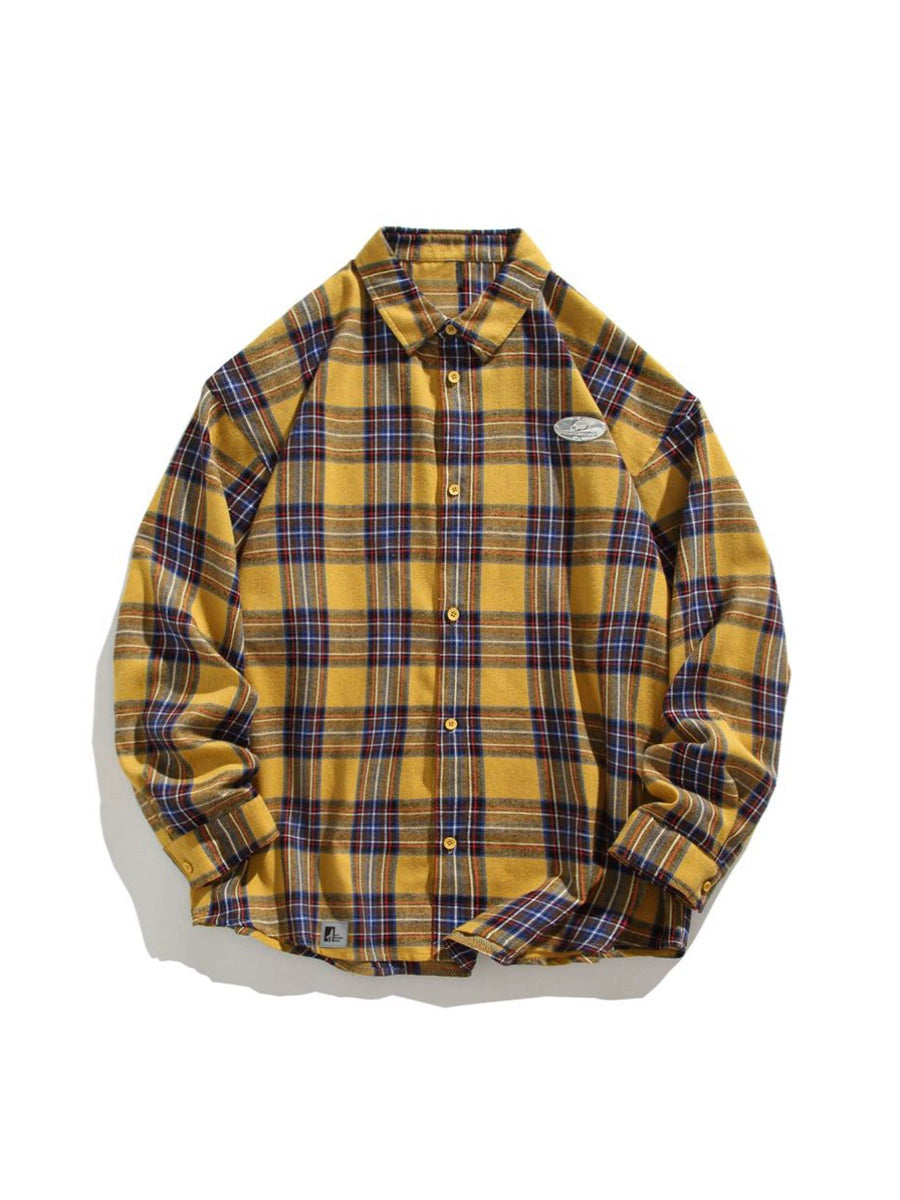 ICH MODE 美式复古格子衬衫女秋新款宽松流行百搭长袖衬衣外套