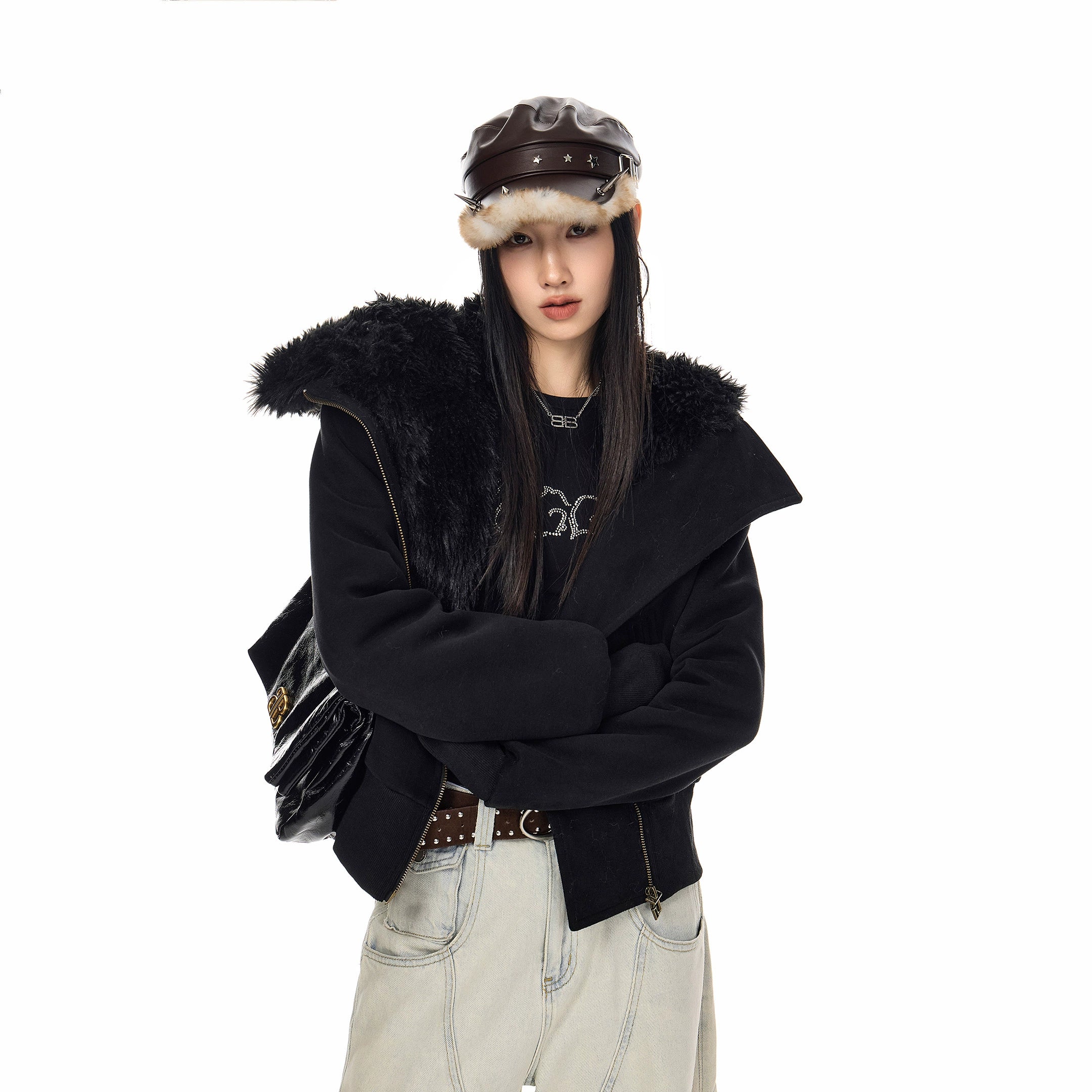 ICH MODE 美式复古毛绒内胆毛领棉服女2025冬季新款修身短款棉衣