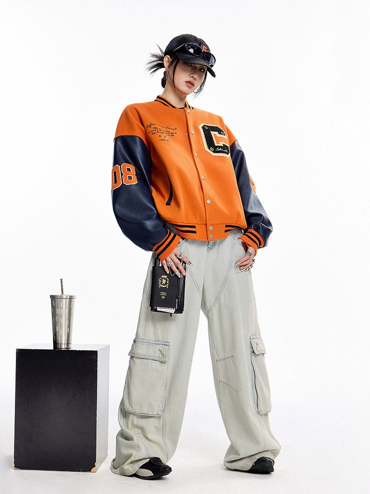 ICH MODE 美式复古撞色外套女2025年新款秋冬开衫上衣宽松棒球服