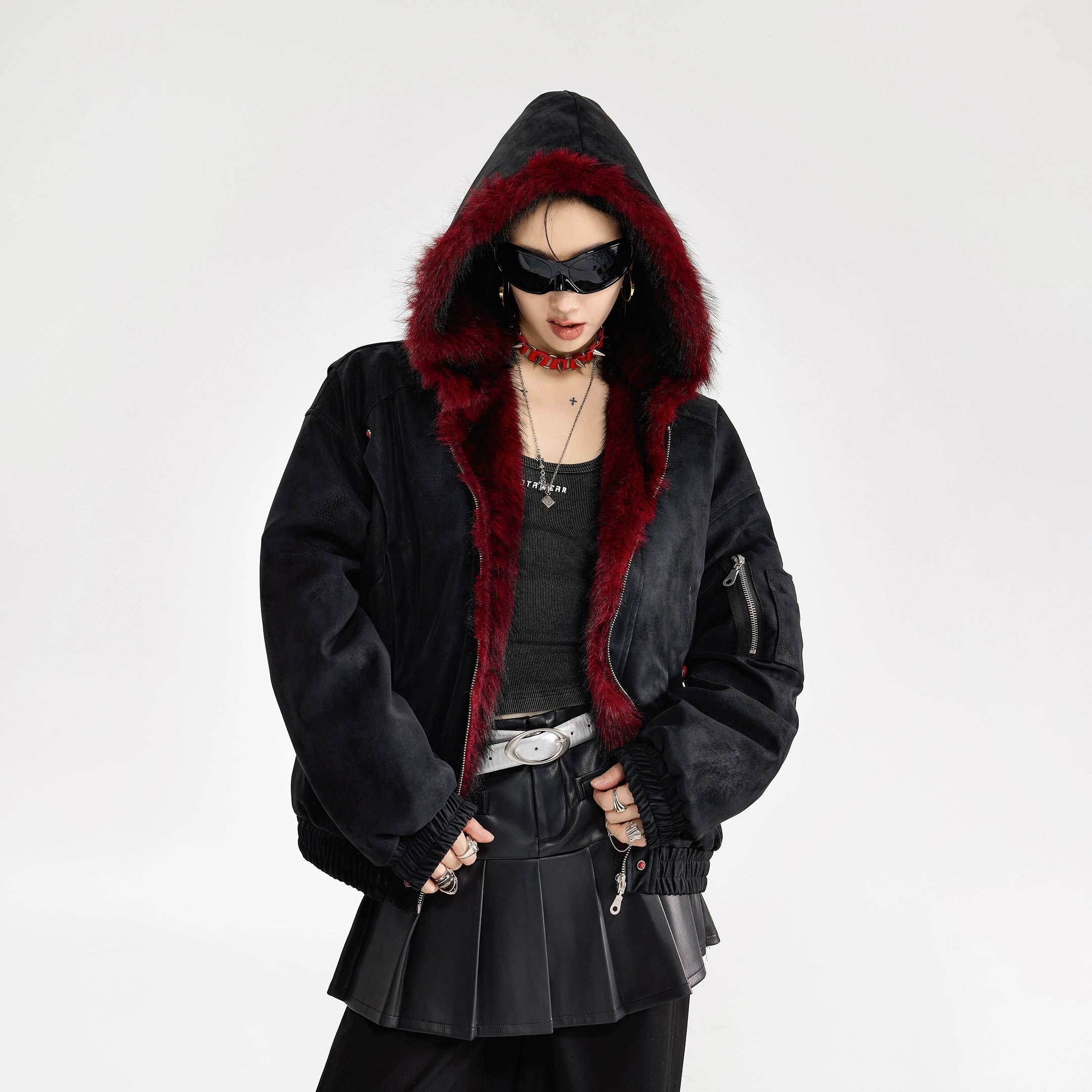 ICH MODE 美式复古座山雕连帽棉服女秋冬季宽松工装短外套小棉袄