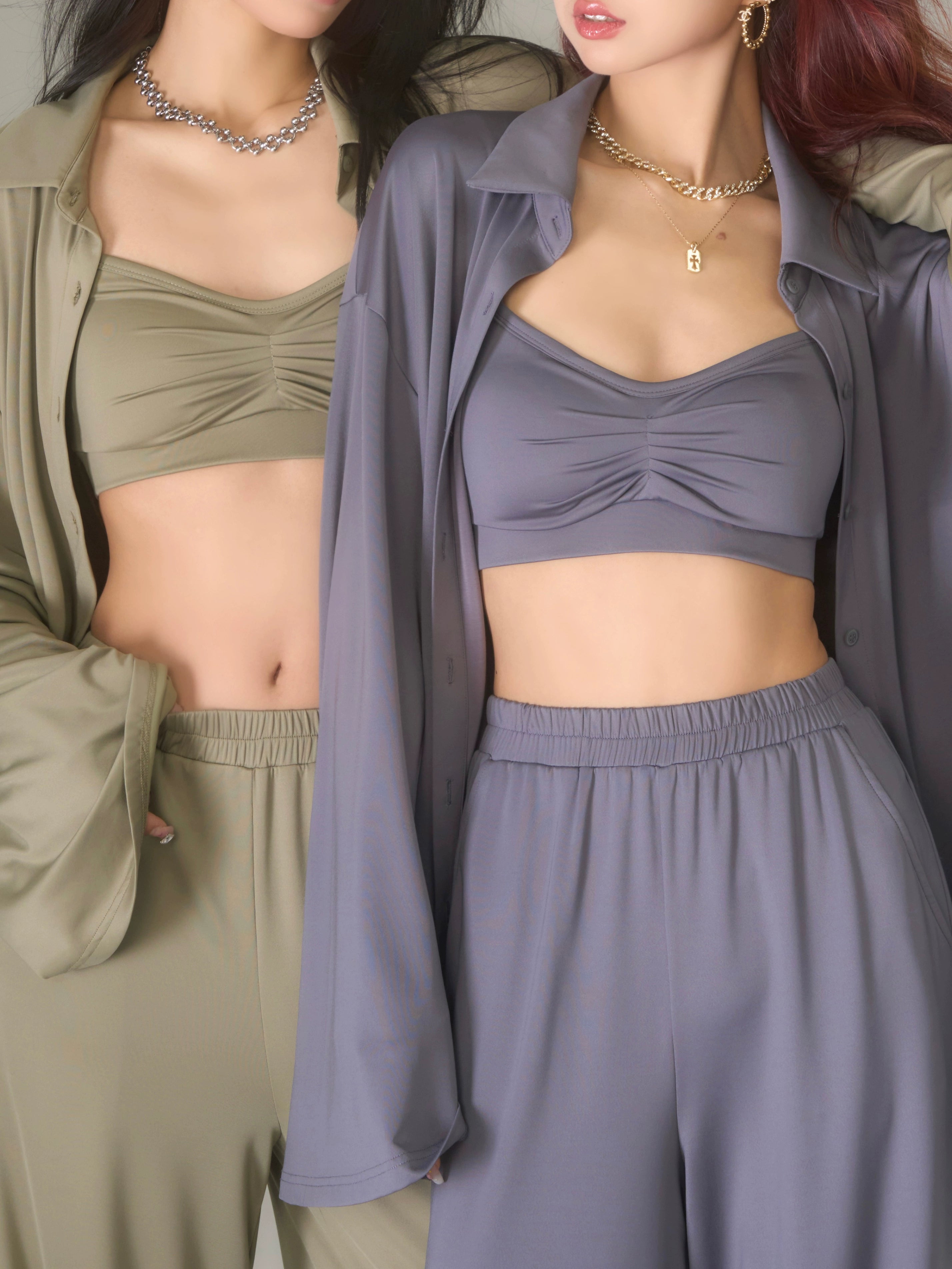 野生zerocircle绿灰色长袖衬衫三件套装女春宽松垂感微喇拖地裤子