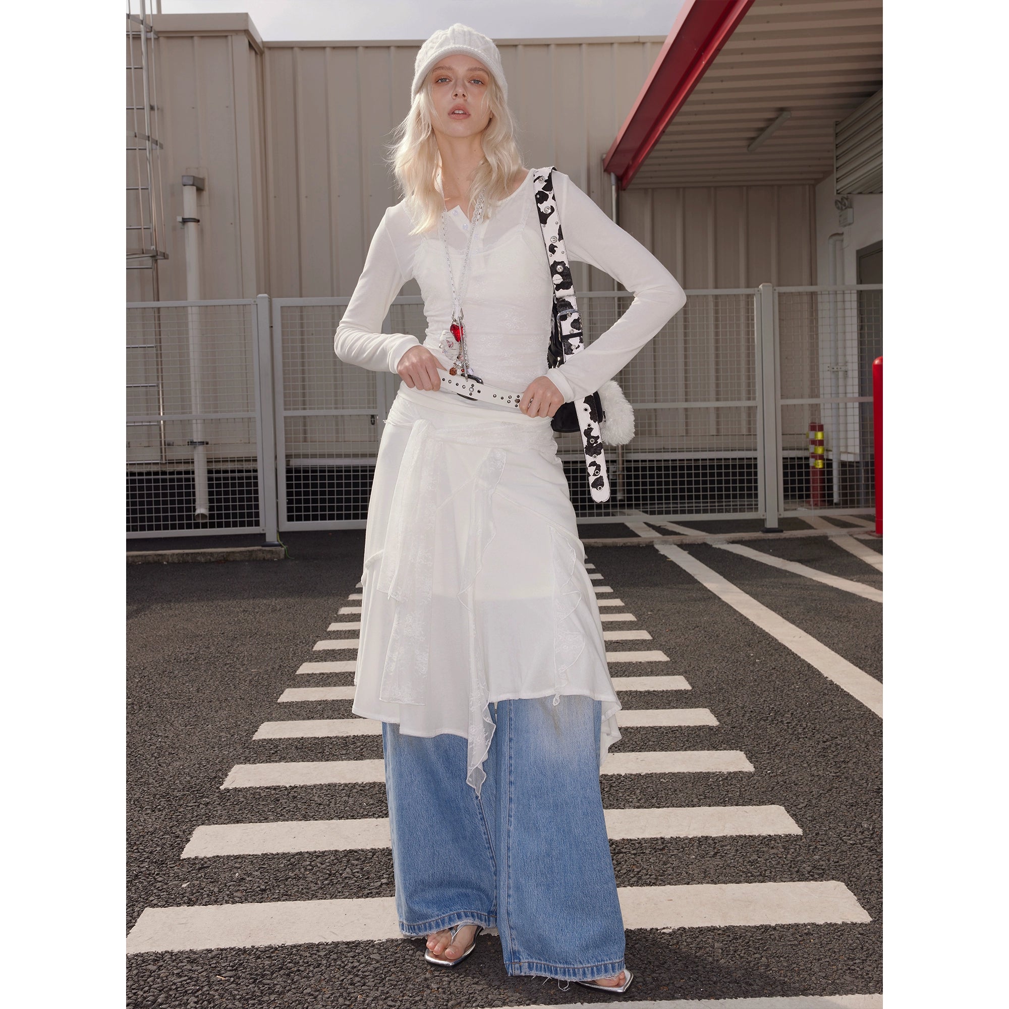 2th Desire莱赛尔蕾丝撞色拼接真两件羊毛针织长袖打底内搭上衣女