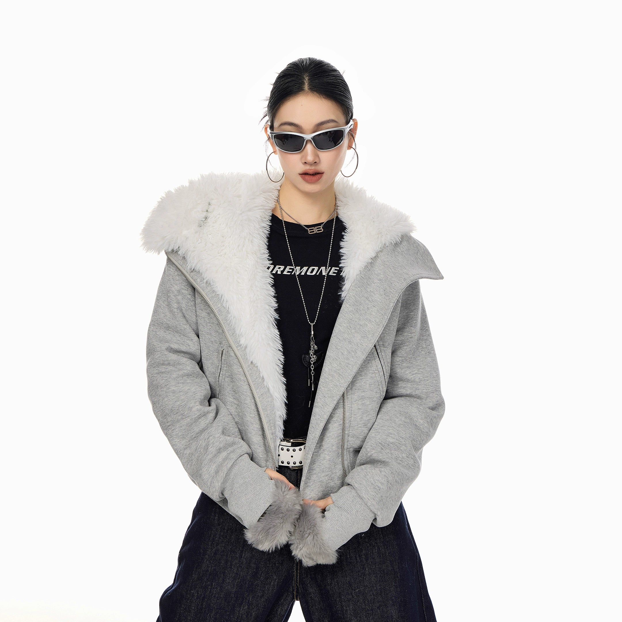 ICH MODE 美式复古毛绒内胆毛领棉服女2025冬季新款修身短款棉衣