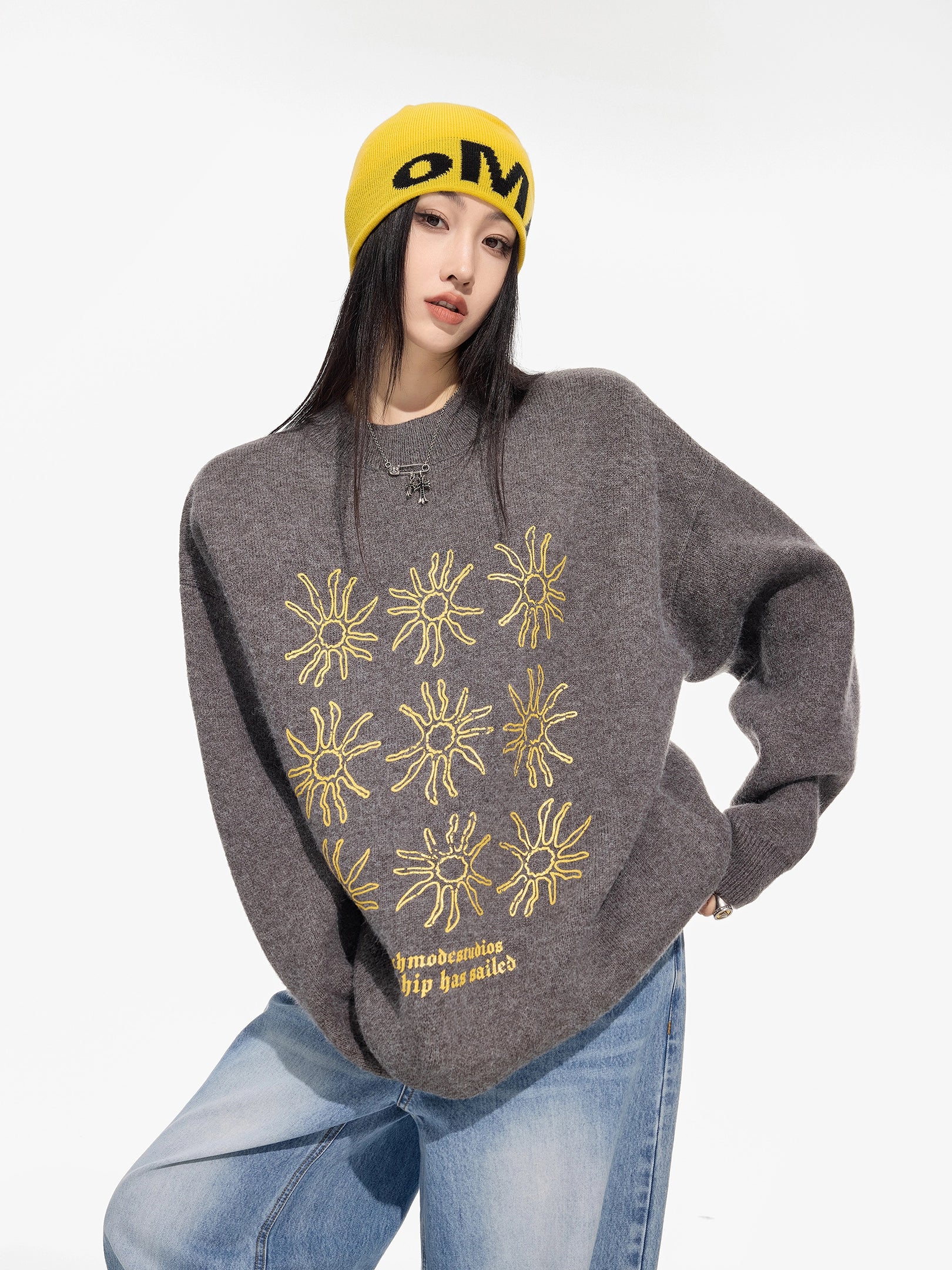 ICH MODE 美式复古太阳花圆领毛衣女秋冬季慵懒高级感长袖针织衫