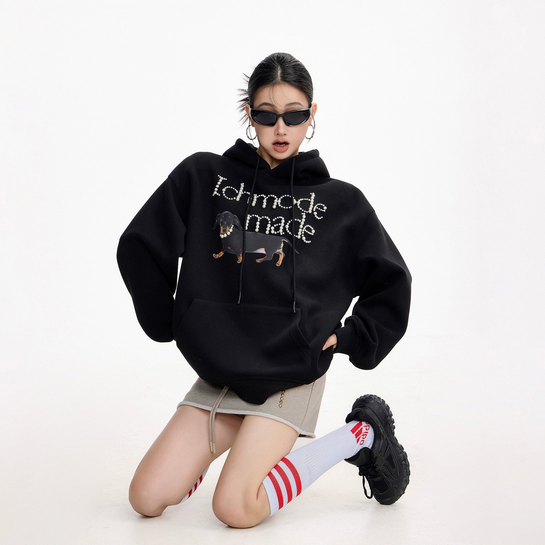 ICH MODE 美式复古珍珠连帽卫衣女秋冬新款宽松休闲百搭上衣外套