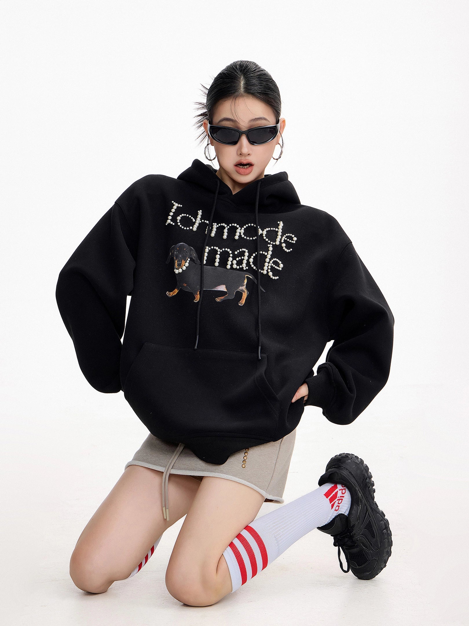 ICH MODE 美式复古珍珠连帽卫衣女秋冬新款宽松休闲百搭上衣外套