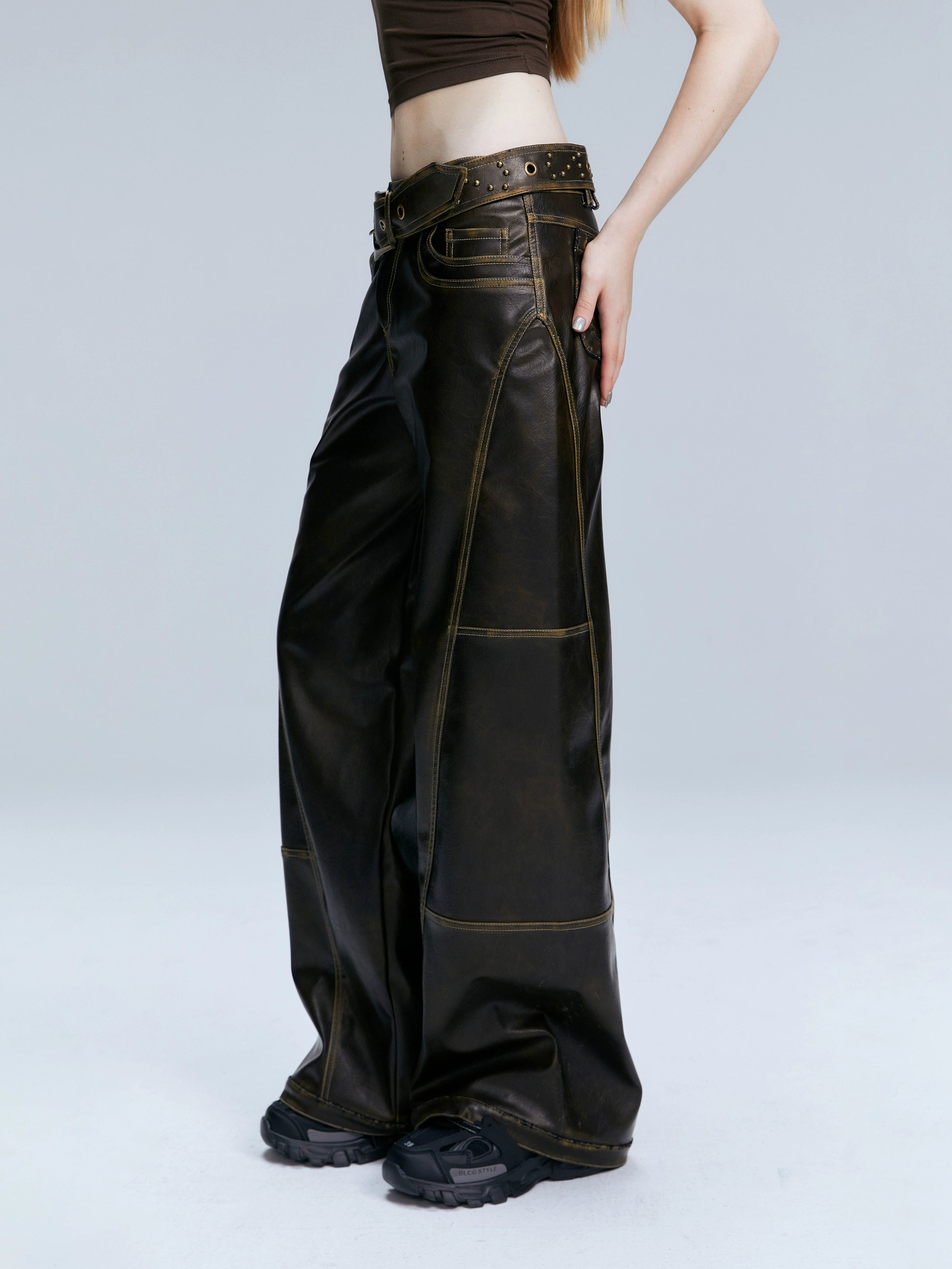 2th Desire原创复古棕色宽松百搭直筒裤子美式长裤低腰pu皮裤女