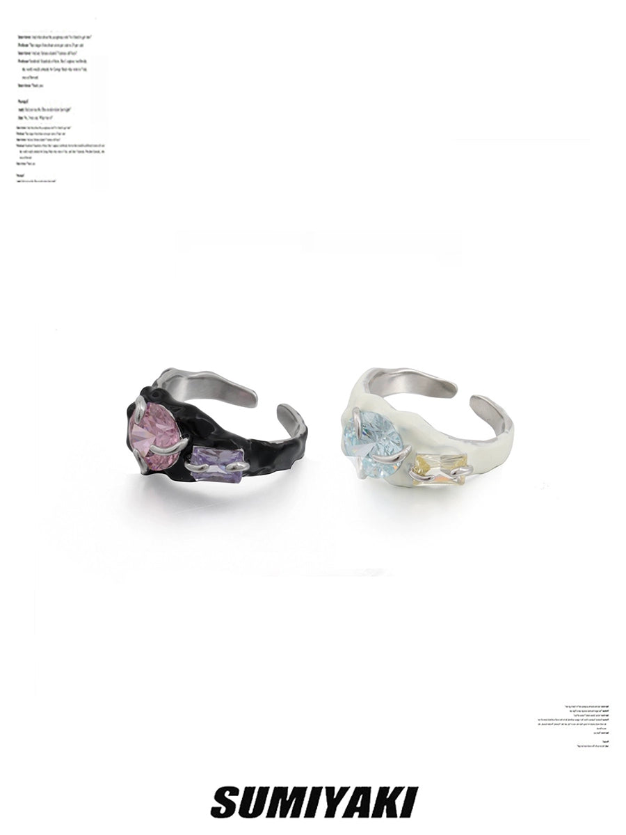 德芙般丝滑 SUMIYAKI 彩虹锆石滴油黑白情侣对戒戒指 闭眼冲一对