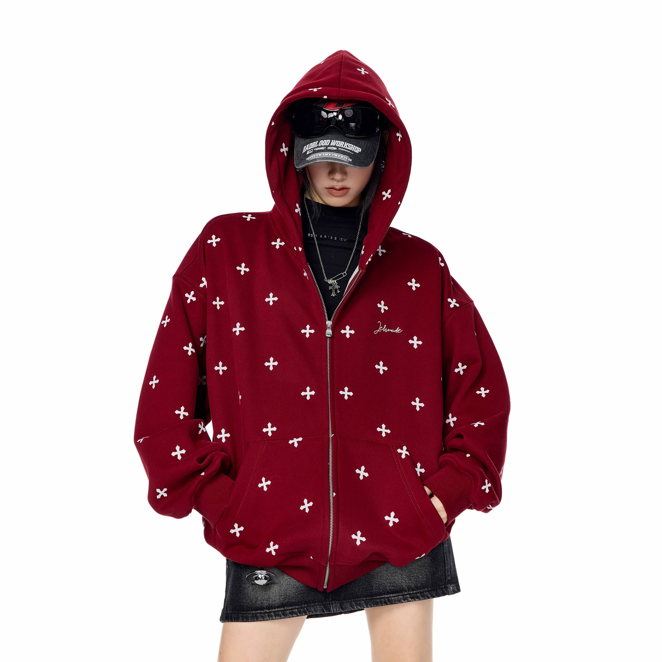 ICH MODE 美式复古满印十字架连帽卫衣外套女秋冬季拉链上衣开衫