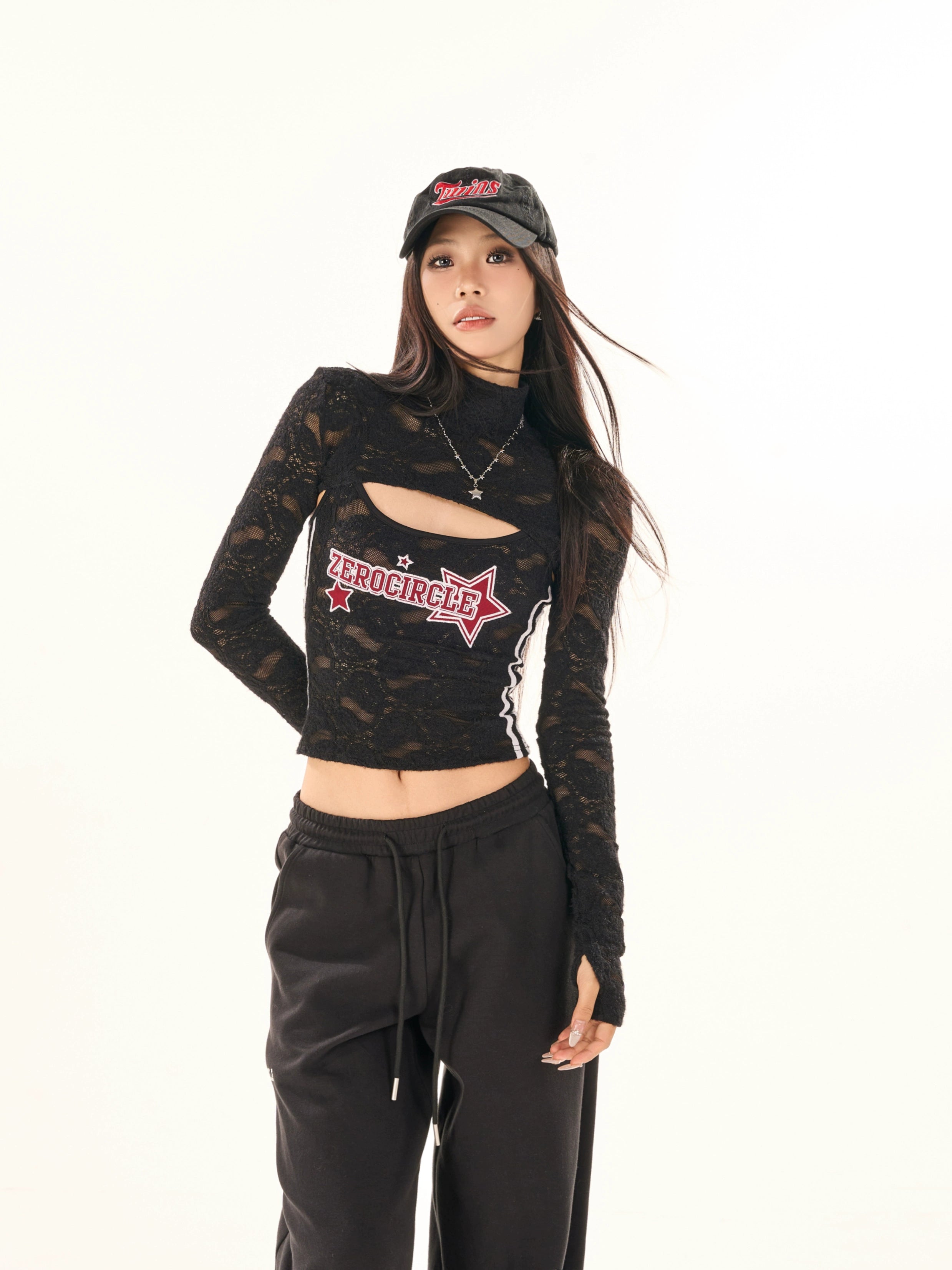 野生zerocircle黑色吊带两件套女春季辣妹修身显瘦半高领蕾丝上衣