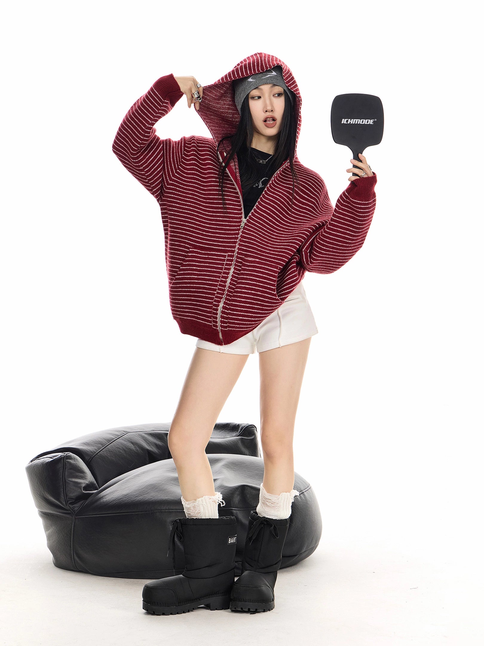 ICH MODE 美式复古条纹连帽针织开衫女2025新款秋冬外搭毛衣外套