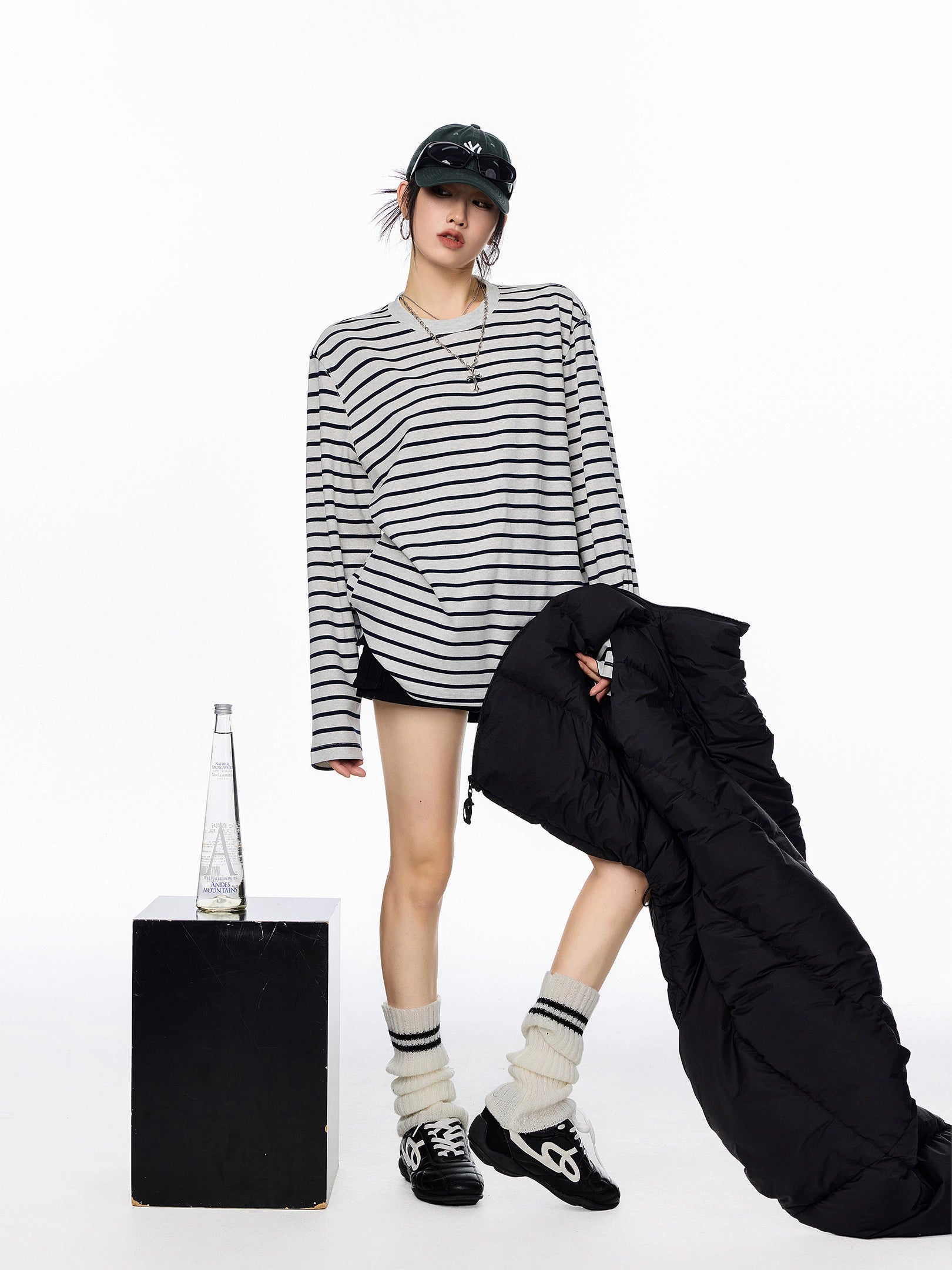 ICH MODE 美式复古圆领条纹长袖T恤女秋冬休闲百搭宽松打底上衣t