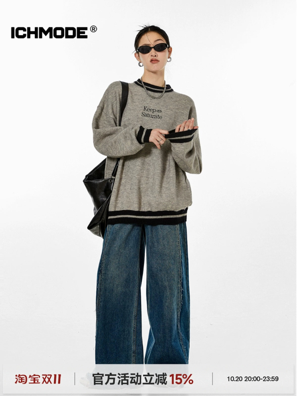 ICH MODE 美式复古圆领毛衣秋冬女宽松针织衫外套慵懒风2025新款