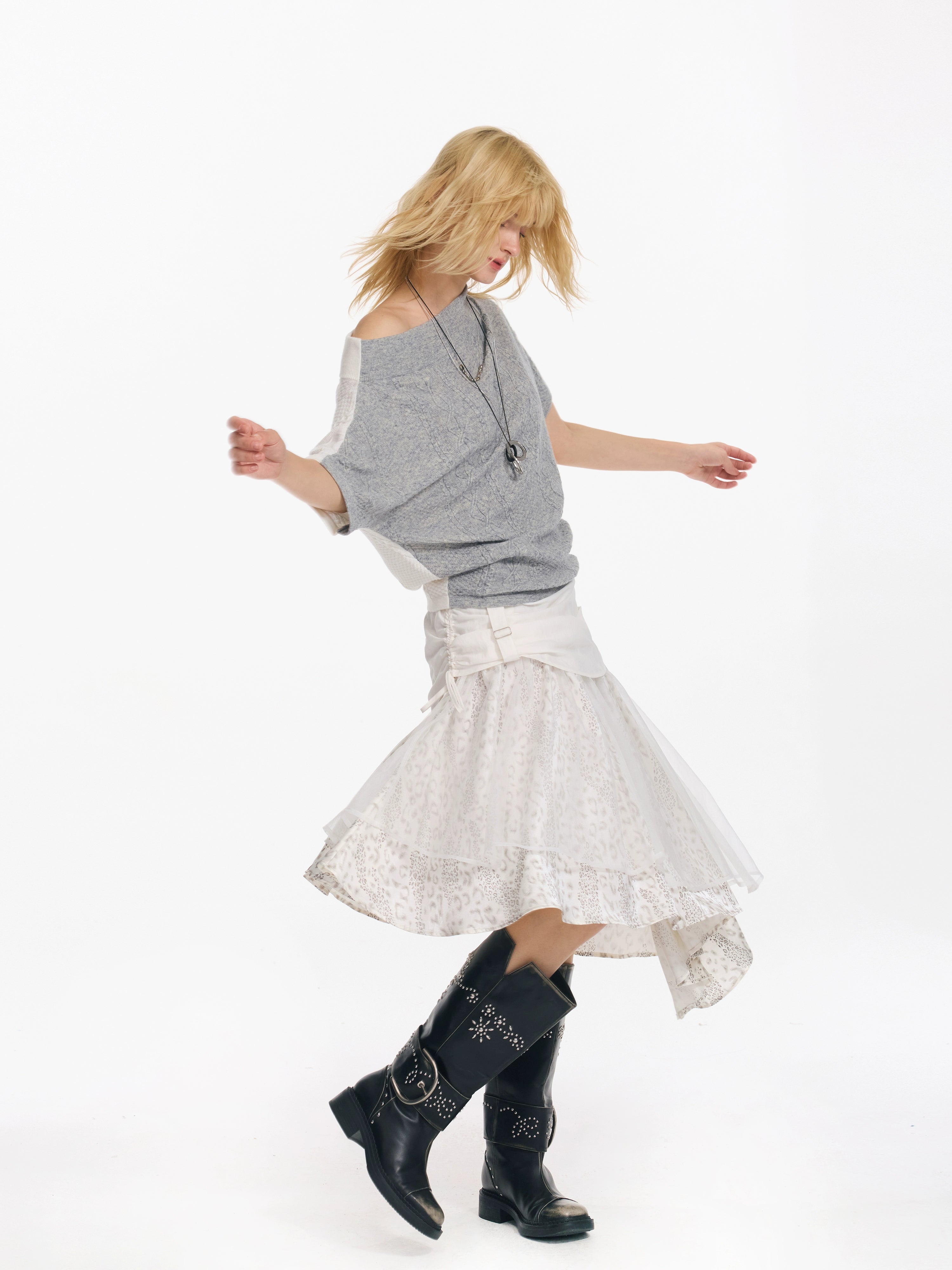 2th Desire 撞色斜肩宽松蝙蝠袖绞花设计感小众短袖外穿毛针织衫