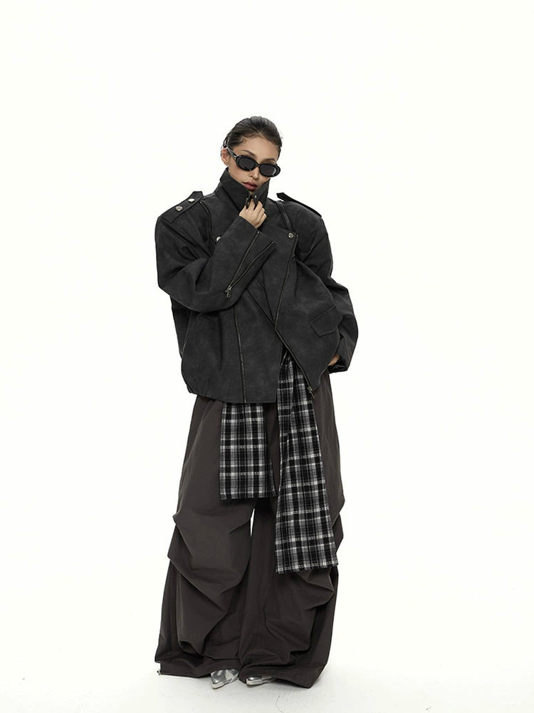 野生zero 美式复古廓形pu皮衣外套女秋冬新款酷飒风机车夹克上衣