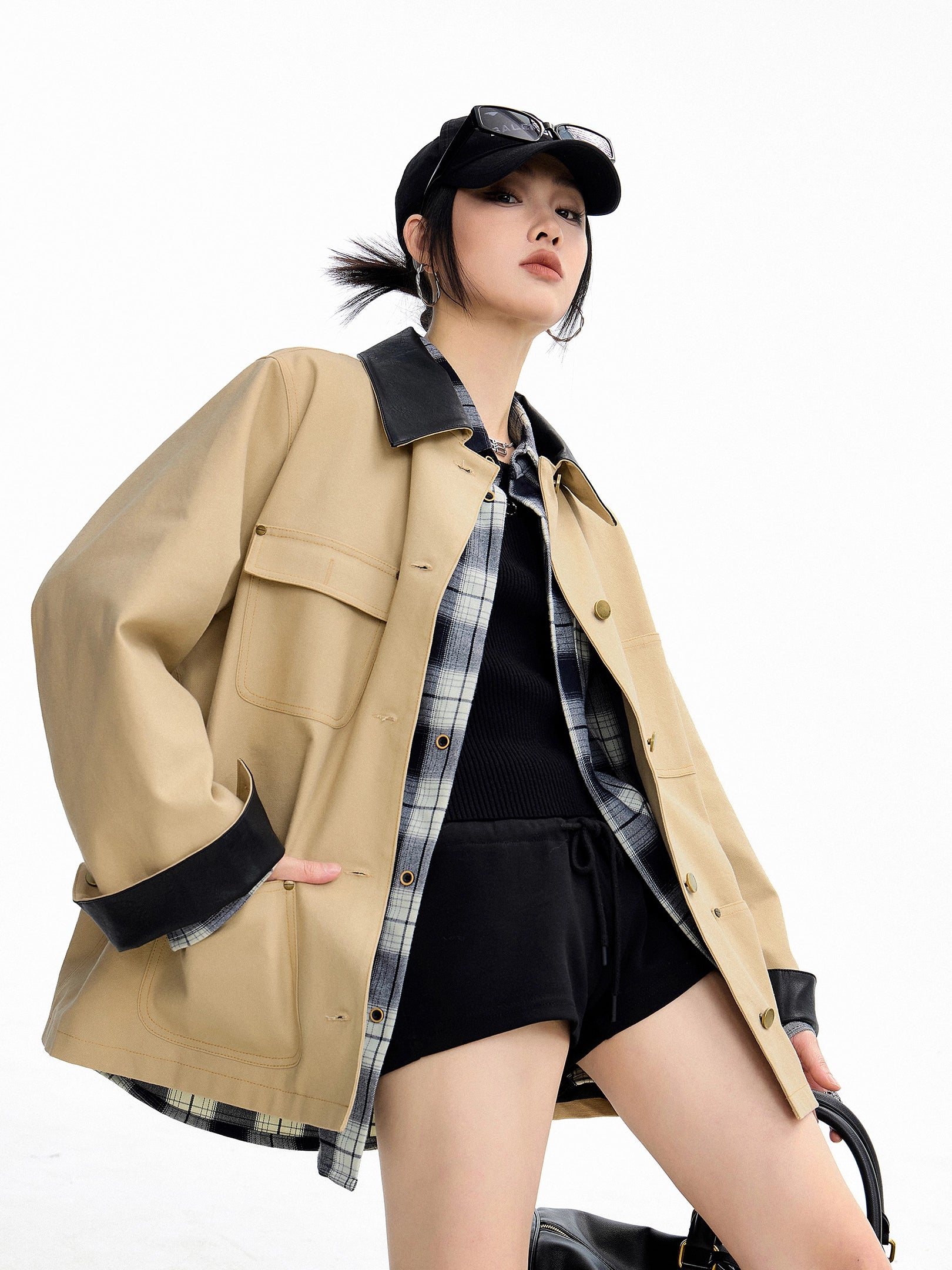 ICH MODE 美式复古巴恩风短款风衣外套女秋冬季宽松开衫夹克上衣