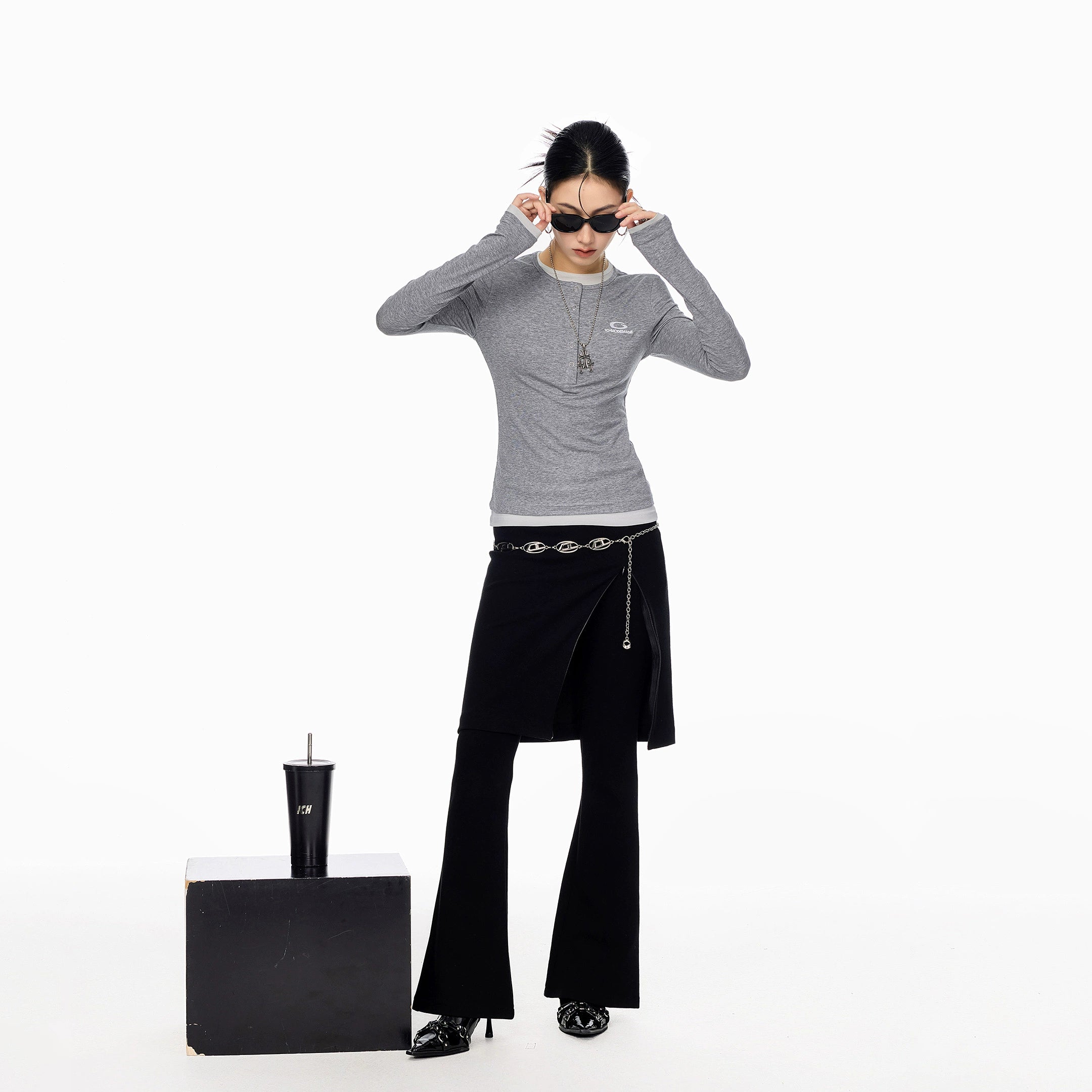 ICH MODE 美式亨利领假两件正肩长袖T恤女秋冬修身一字肩打底上衣