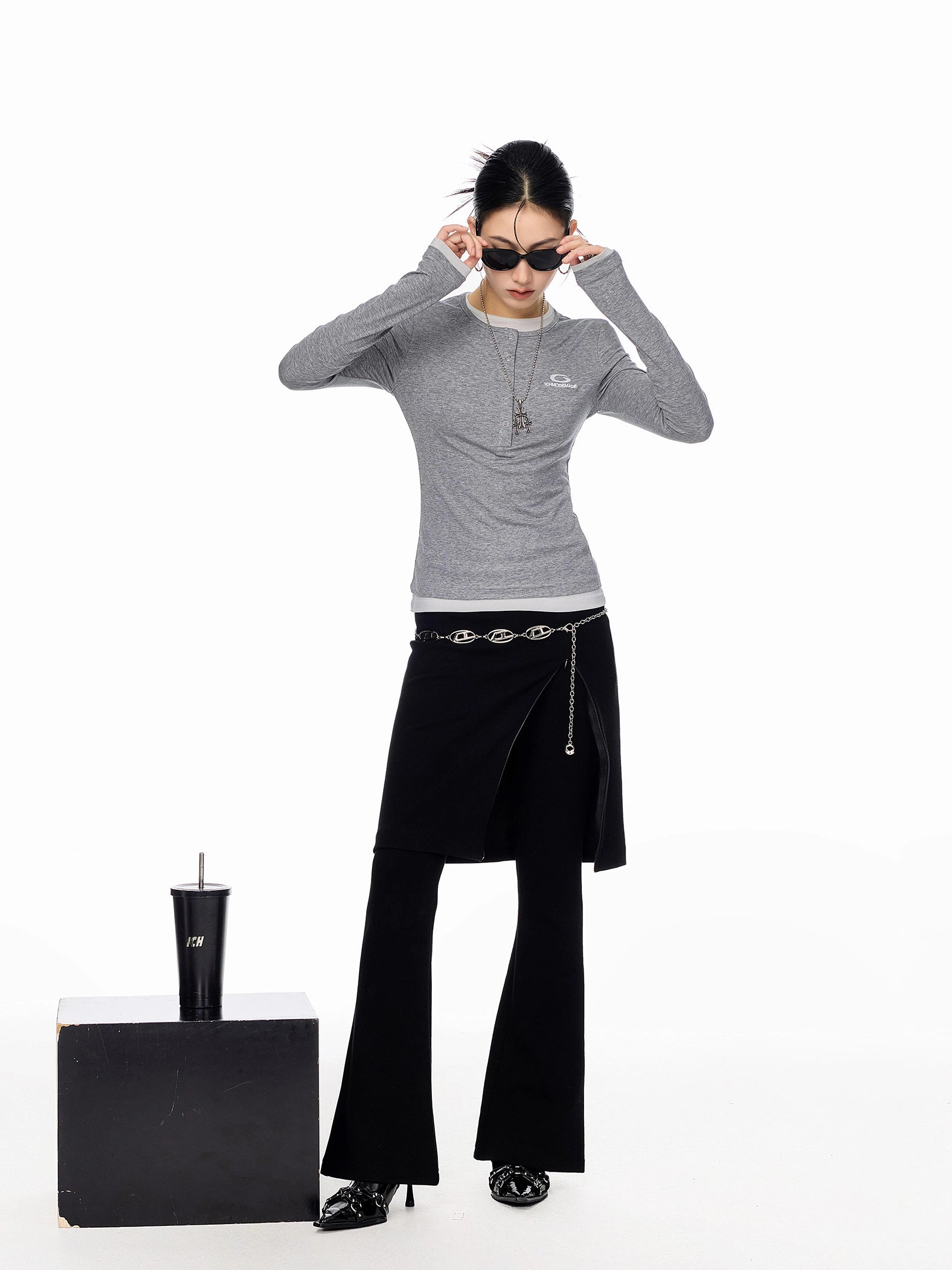 ICH MODE 美式亨利领假两件正肩长袖T恤女秋冬修身一字肩打底上衣