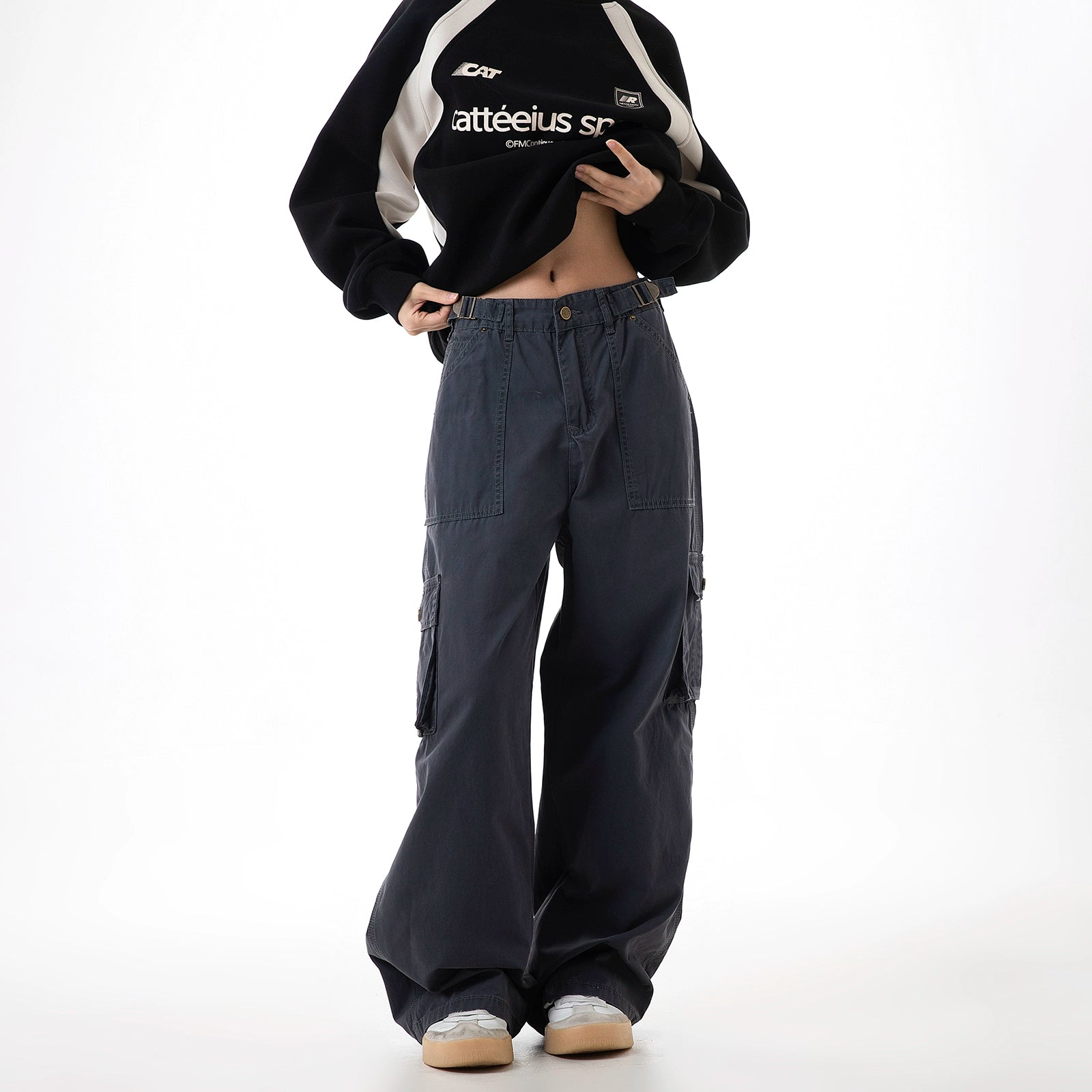 ICH MODE 美式复古口袋工装裤女2025新款秋宽松直筒阔腿休闲裤