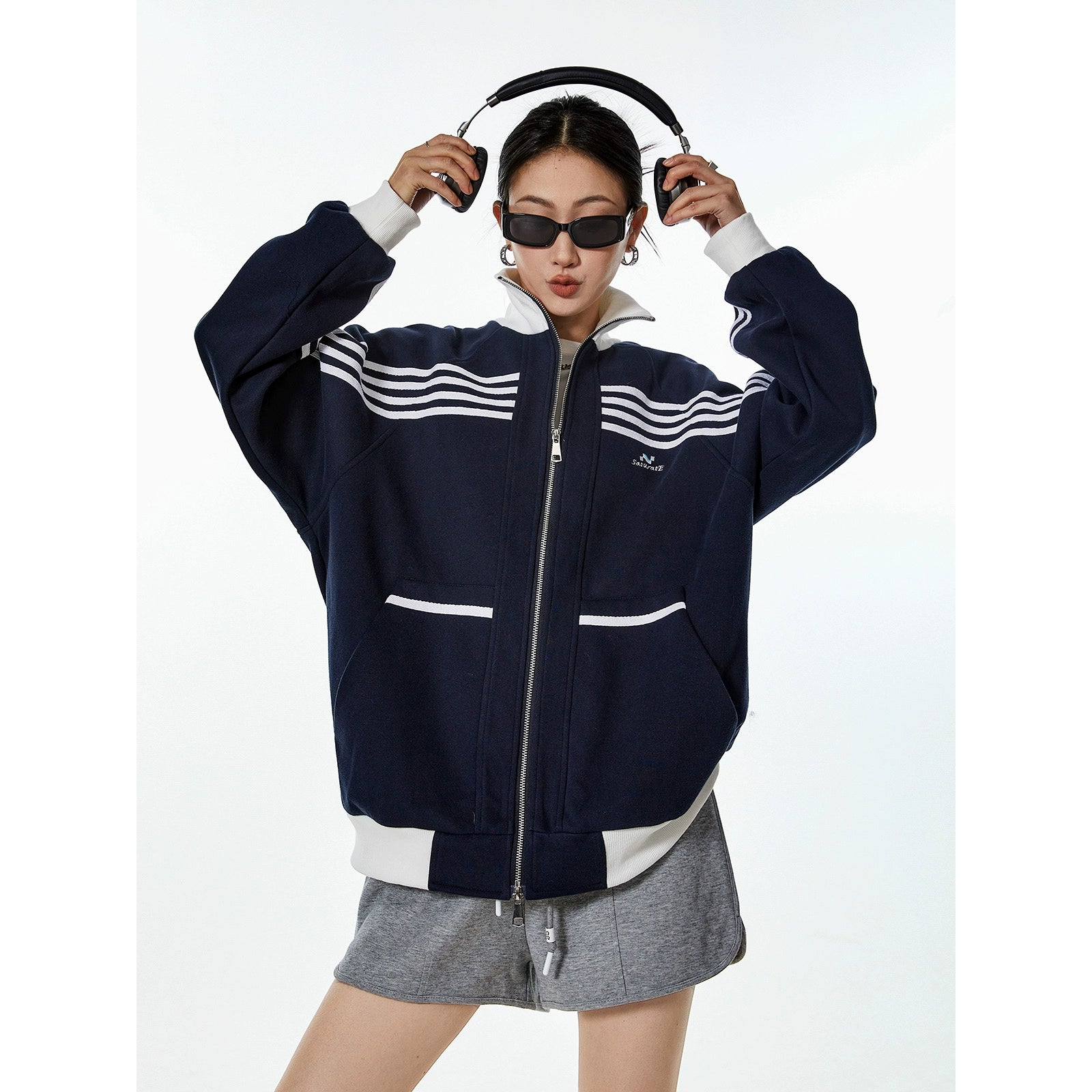 ICH MODE 美式复古休闲运动外套女秋冬宽松薄款开衫上衣2025新款