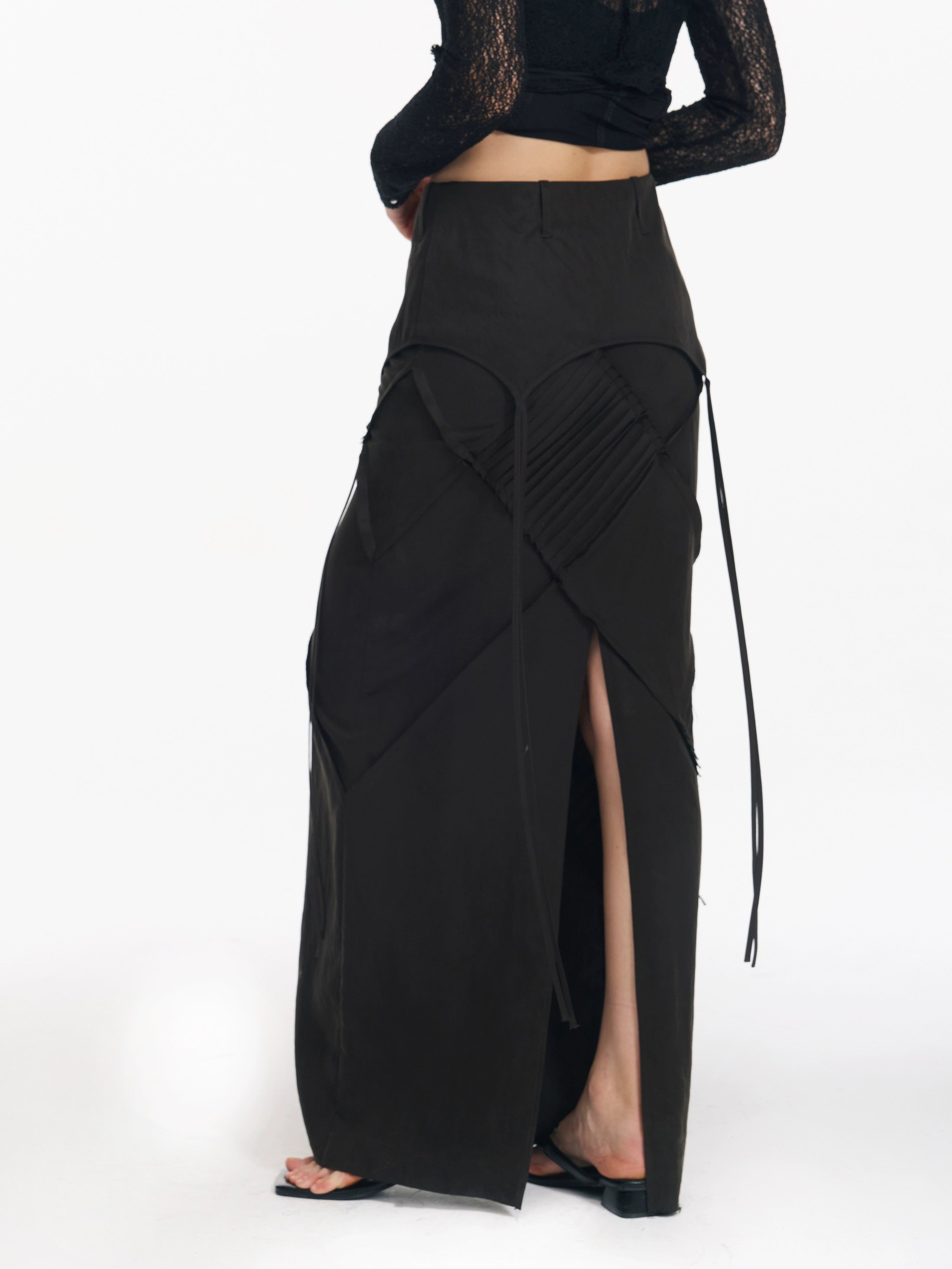 2th Desire 复古菱形格打条绑带长款直筒显瘦设计感低腰半身裙女