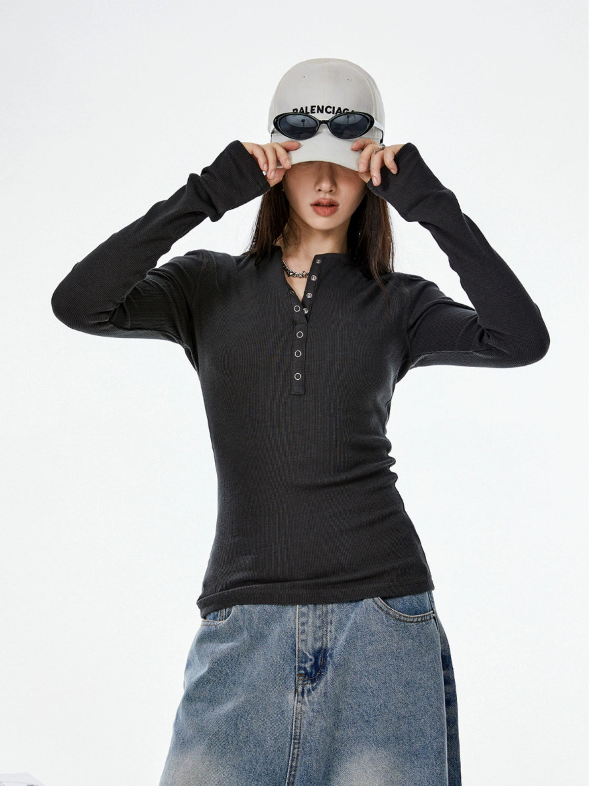 ICH MODE 美式复古V领修身打底衫女2025秋冬新款内搭长袖T恤上衣