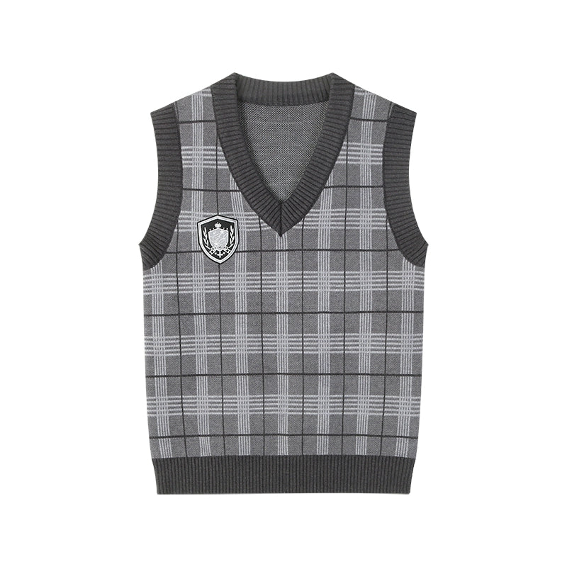 野生zerocircle 灰色格子无袖v领毛衣女秋季外穿宽松学院风针织衫