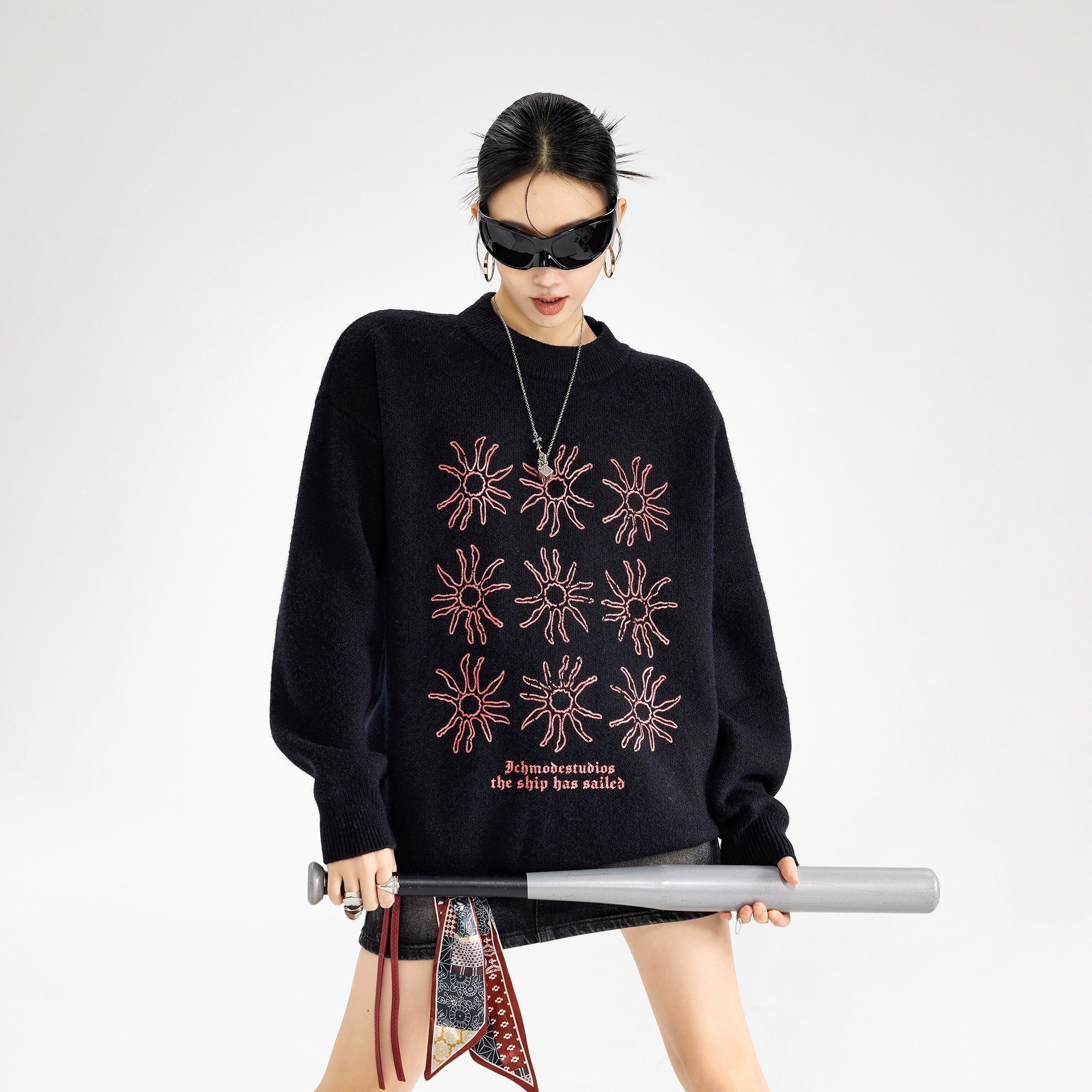 ICH MODE 美式复古太阳花圆领毛衣女秋冬季慵懒高级感长袖针织衫