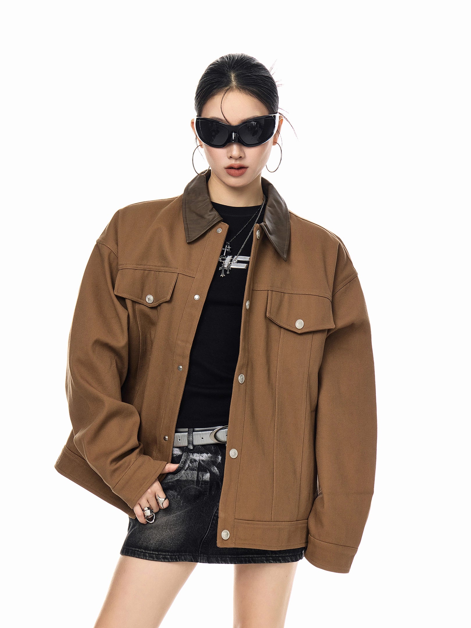 ICH MODE 美式复古撞色翻领外套女2025新款秋冬季巴恩风夹克上衣